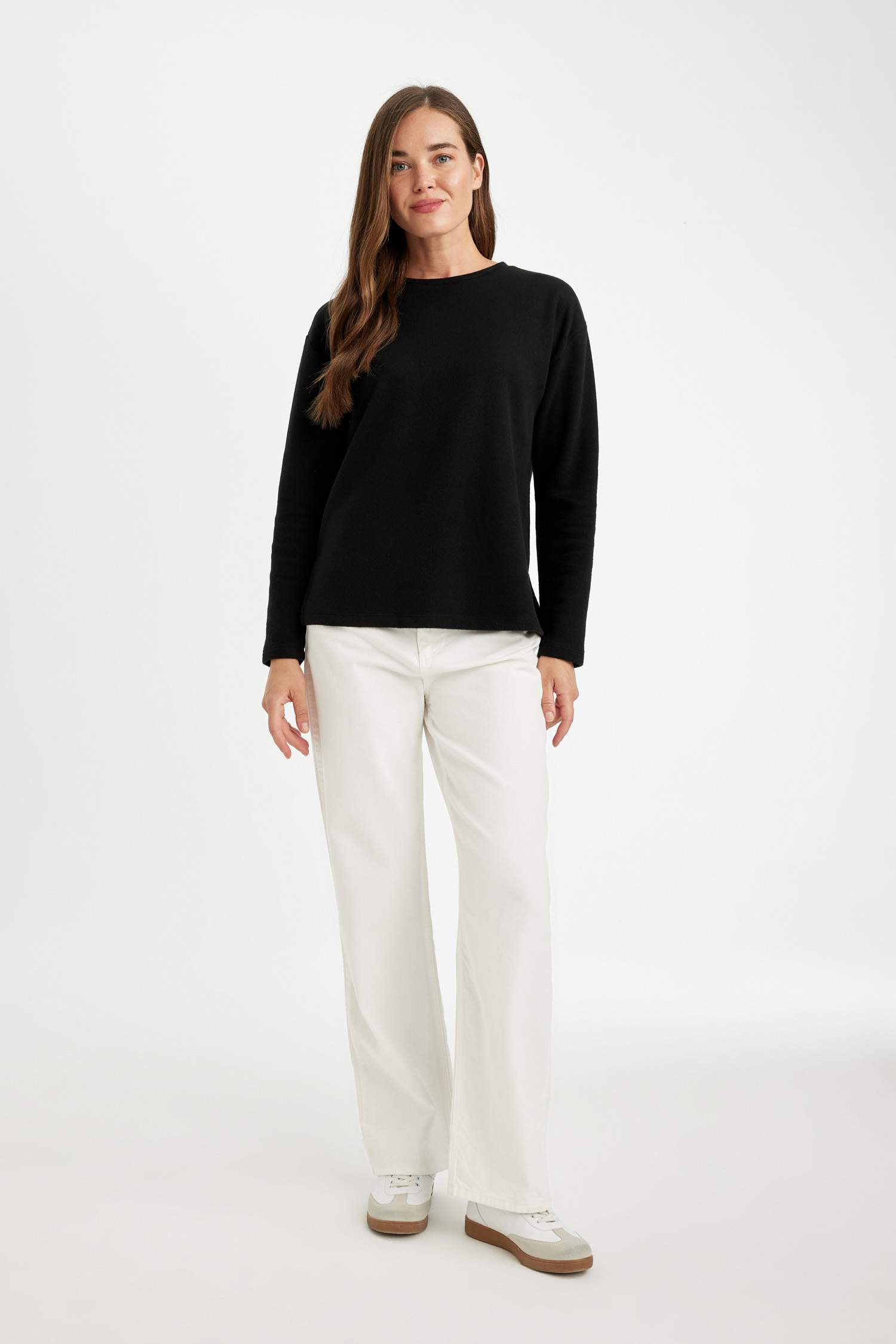 Regular Fit Bisiklet Yaka Selanik Kumaş Basic Düz Uzun Kollu Tişört