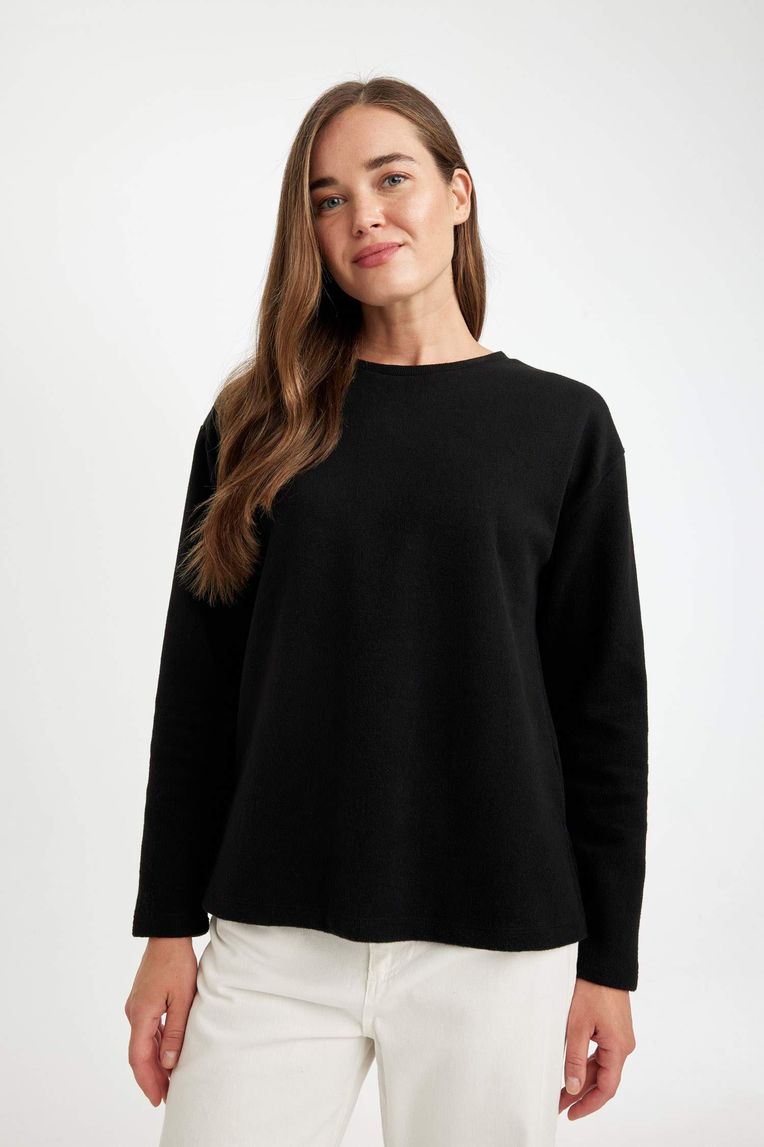 Regular Fit Bisiklet Yaka Selanik Kumaş Basic Düz Uzun Kollu Tişört