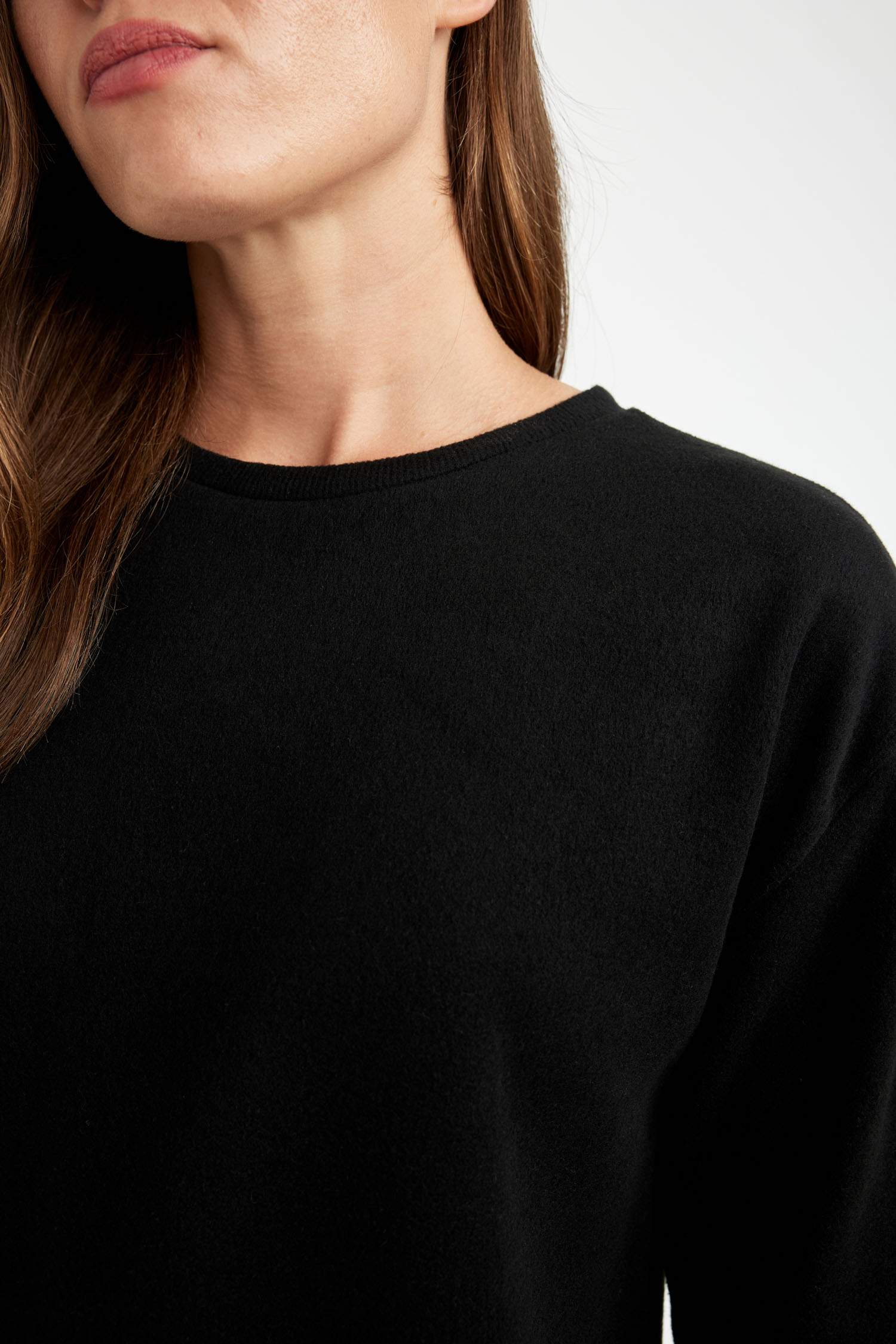 Regular Fit Bisiklet Yaka Selanik Kumaş Basic Düz Uzun Kollu Tişört