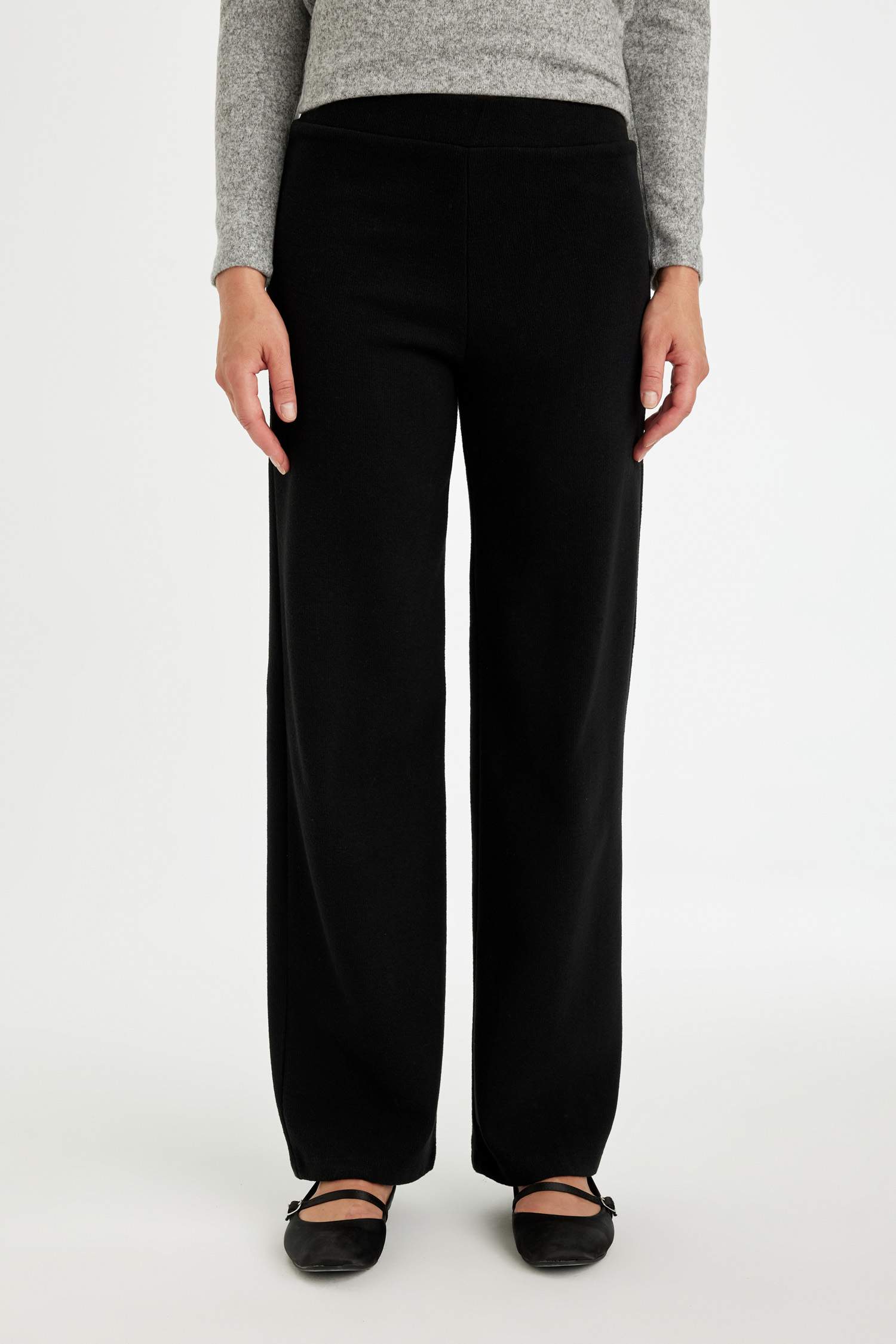 Siyah Triko Pantolon Wide Leg Geniş Bol Paça Selanik Kumaş Basic Düz