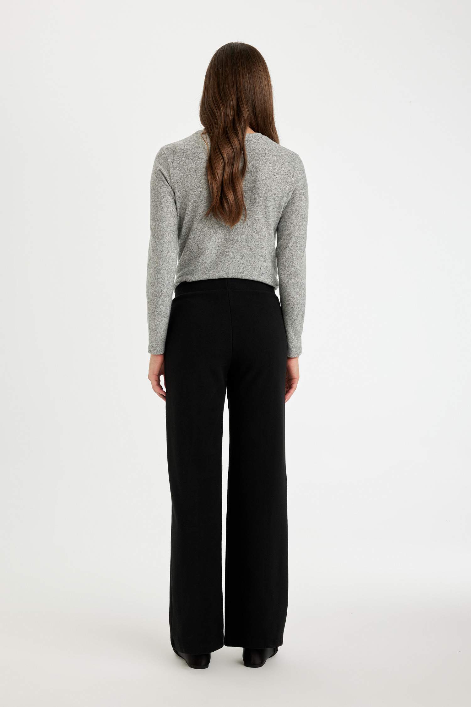 Siyah Triko Pantolon Wide Leg Geniş Bol Paça Selanik Kumaş Basic Düz