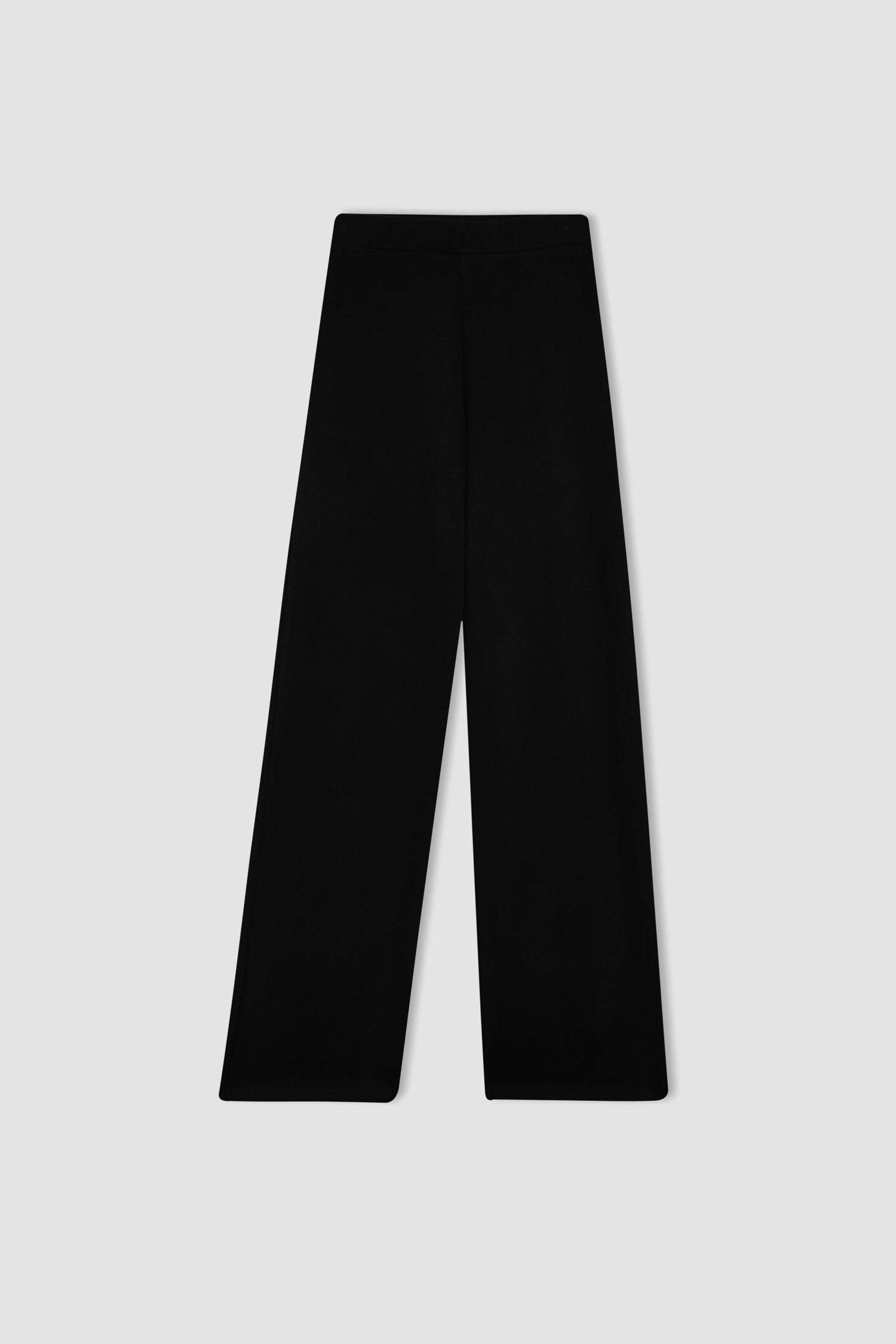 Siyah Triko Pantolon Wide Leg Geniş Bol Paça Selanik Kumaş Basic Düz