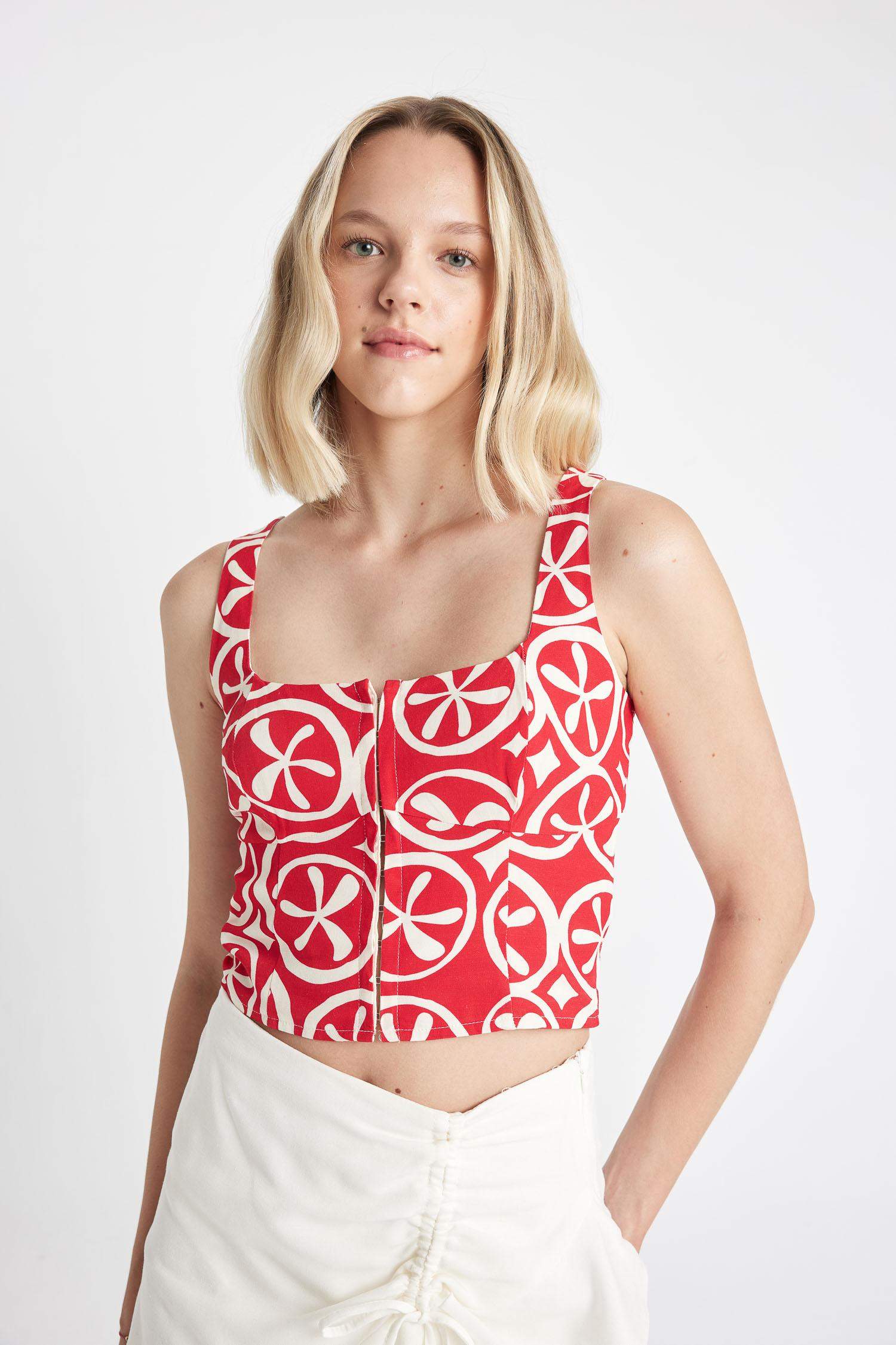 Chemisier Sans Manches Lin Mélangé imprimé Col Carré