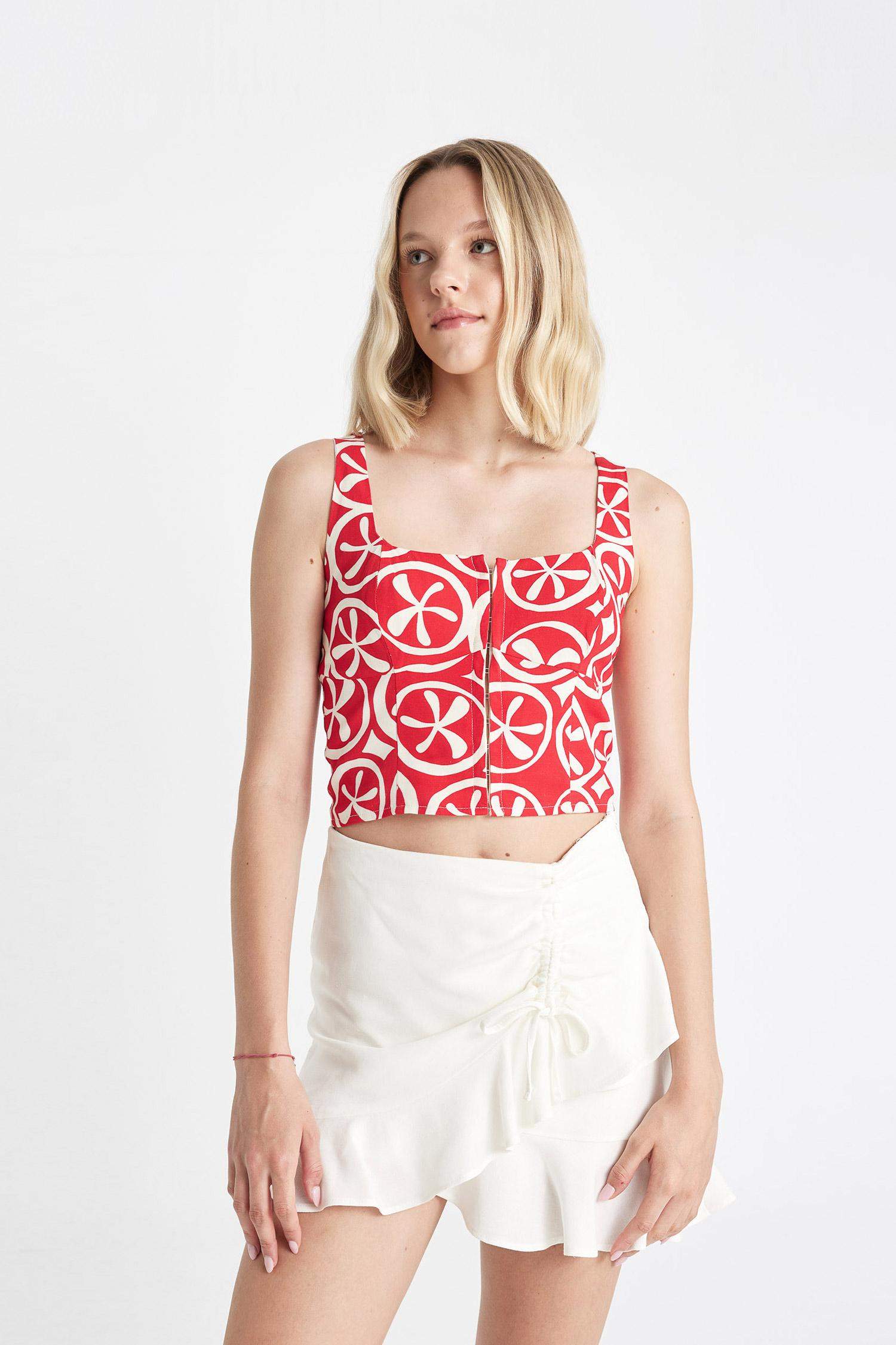 Chemisier Sans Manches Lin Mélangé imprimé Col Carré