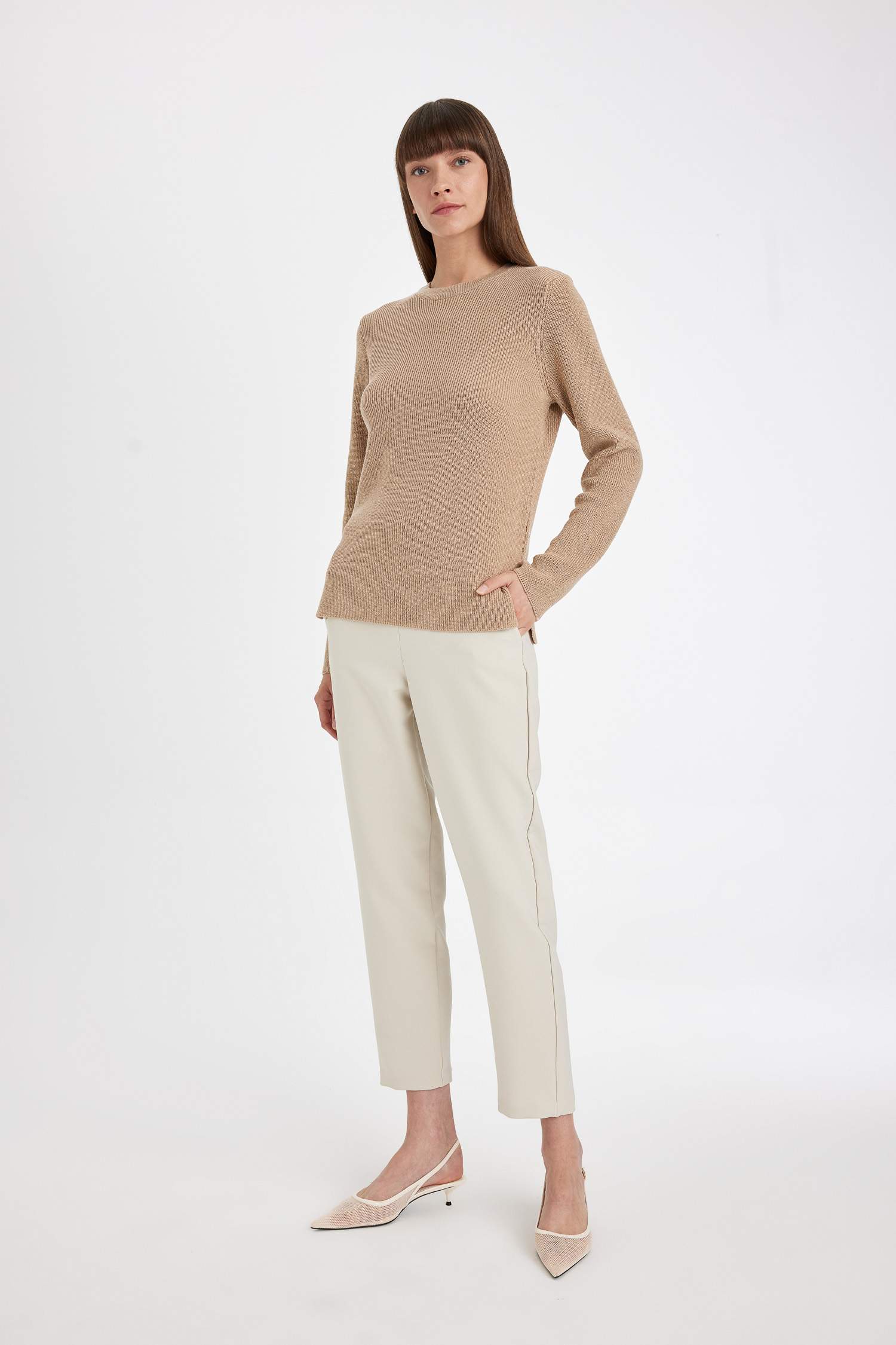 Regular Fit Bisiklet Yaka Simli Kumaş Triko Kazak