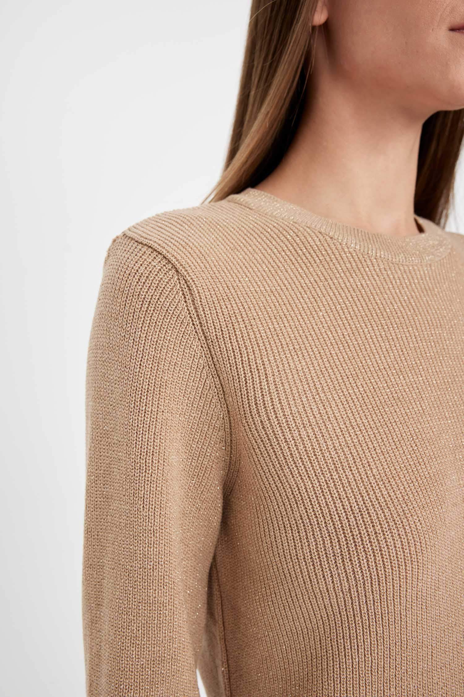 Regular Fit Bisiklet Yaka Simli Kumaş Triko Kazak