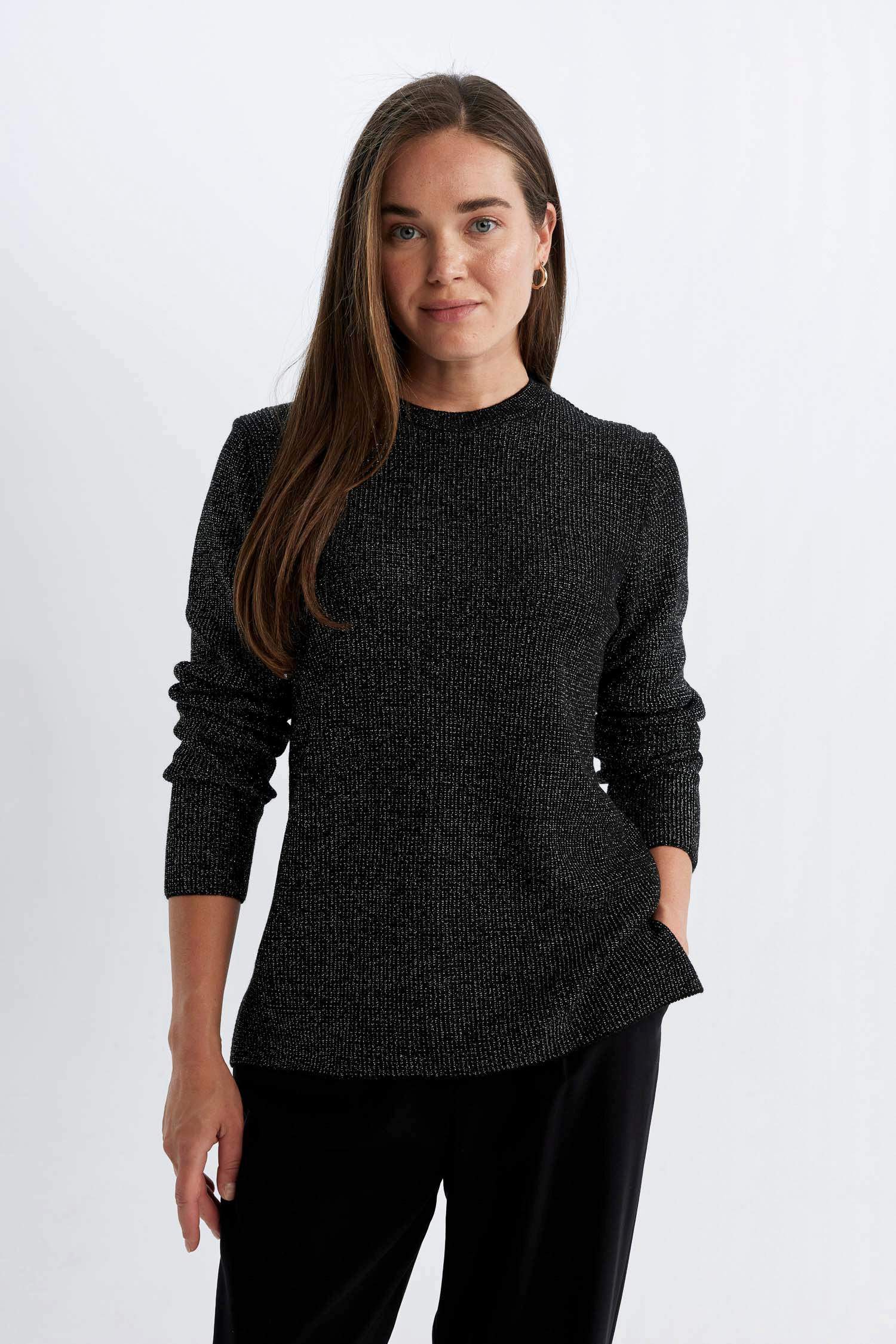 Regular Fit Bisiklet Yaka Simli Kumaş Triko Kazak