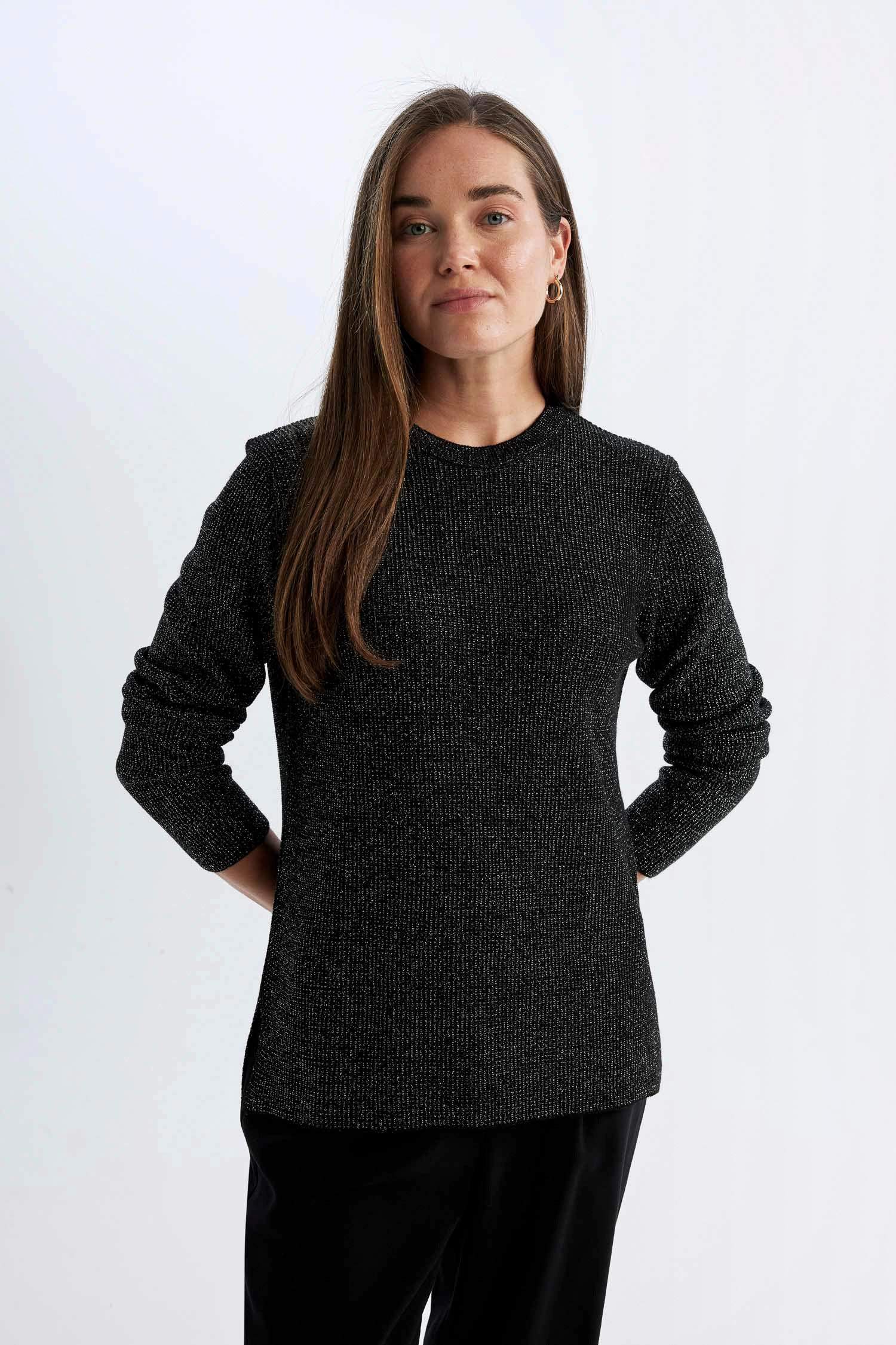 Regular Fit Bisiklet Yaka Simli Kumaş Triko Kazak