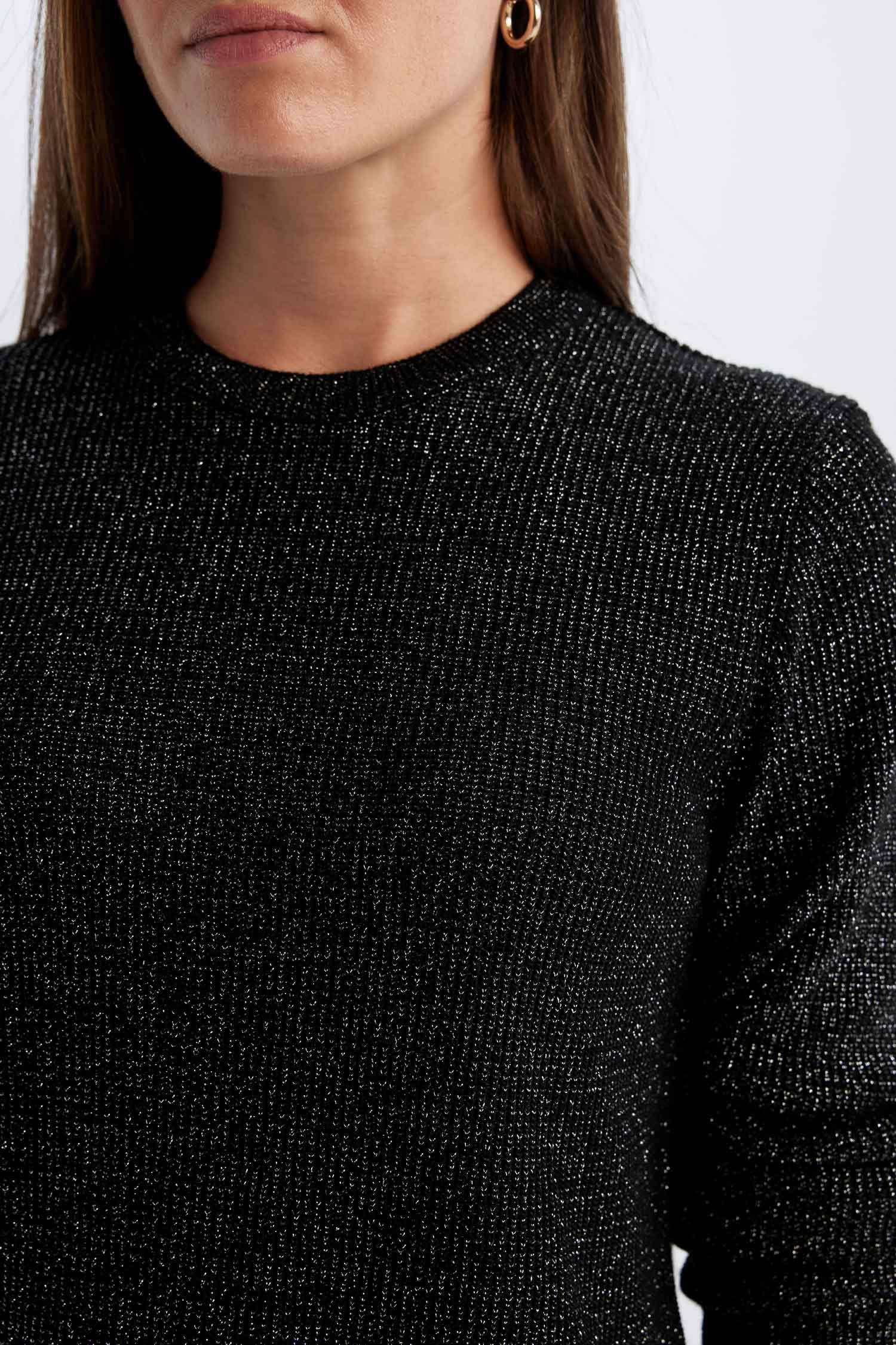 Regular Fit Bisiklet Yaka Simli Kumaş Triko Kazak