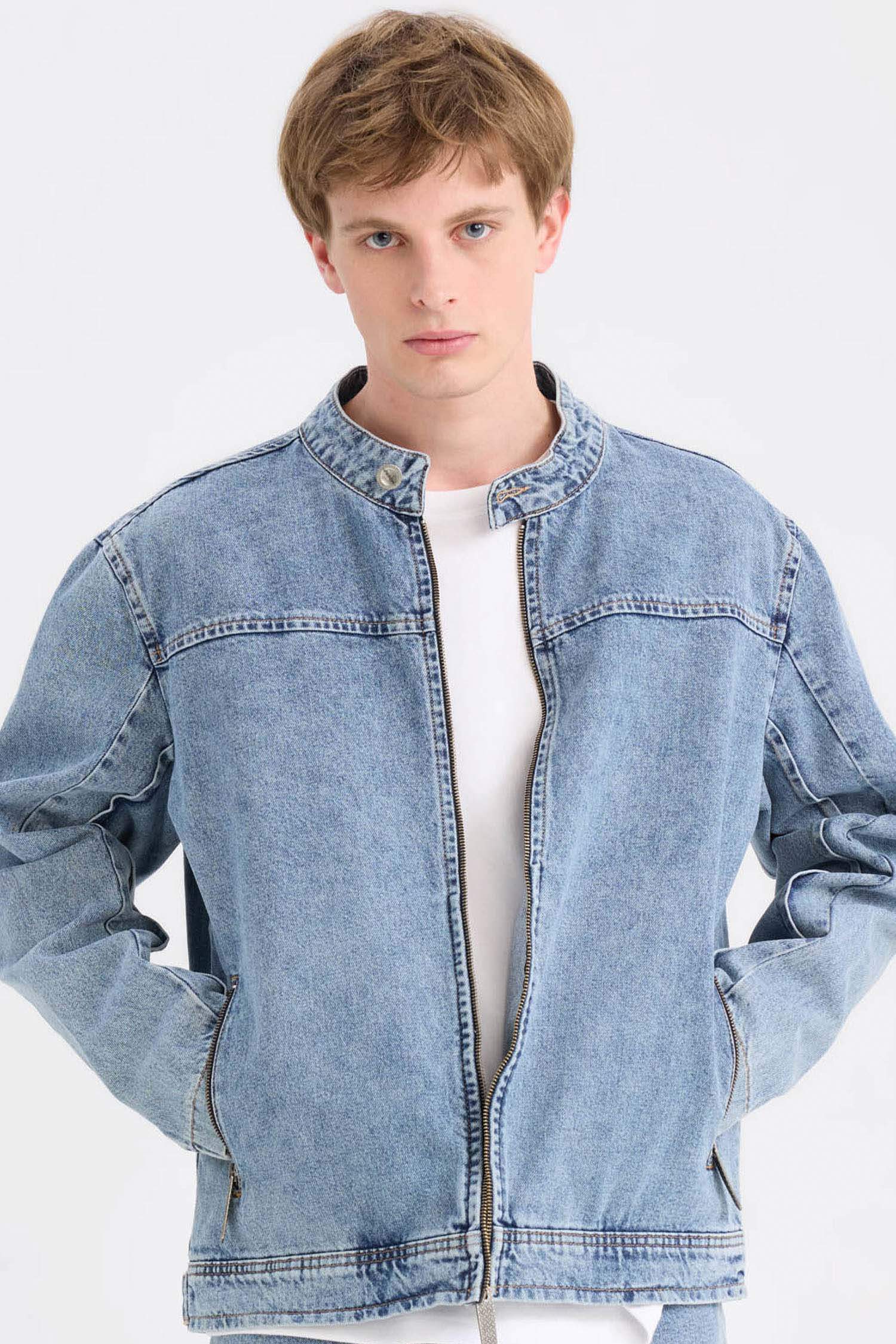 %100 Pamuk Kolej Yaka Fermuarlı Cepli Denim Ceket