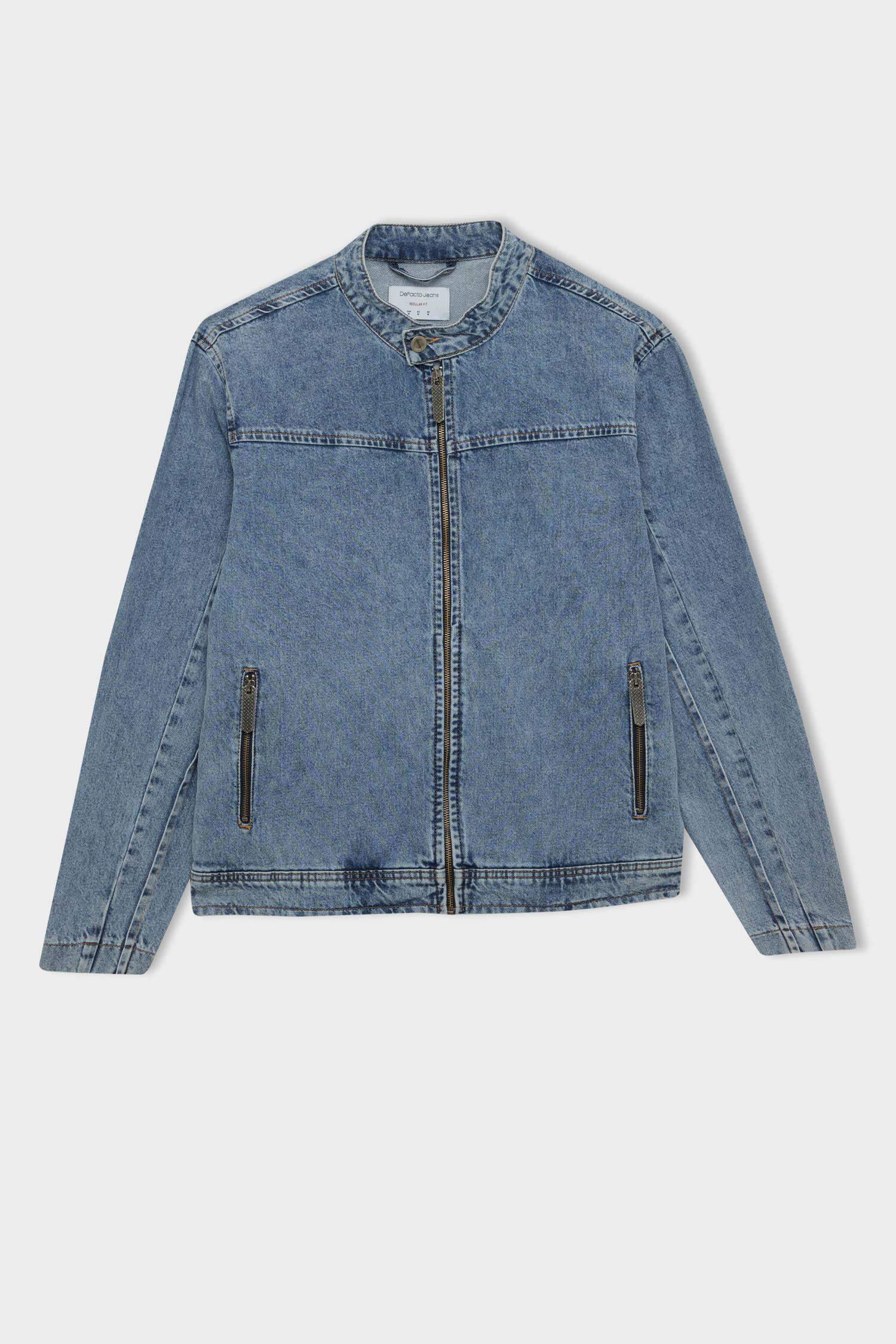 %100 Pamuk Kolej Yaka Fermuarlı Cepli Denim Ceket