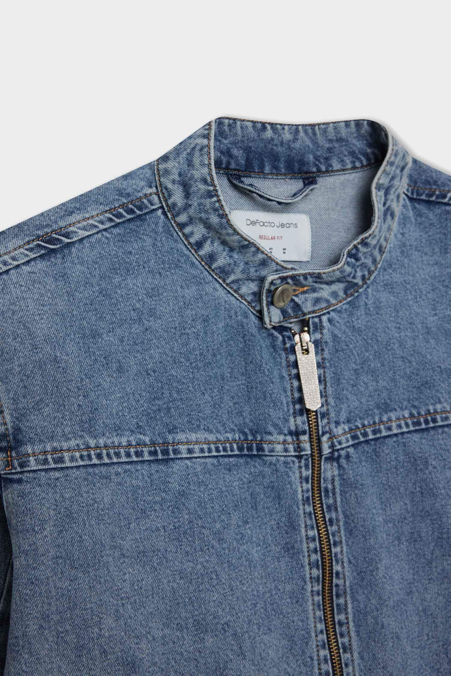 %100 Pamuk Kolej Yaka Fermuarlı Cepli Denim Ceket