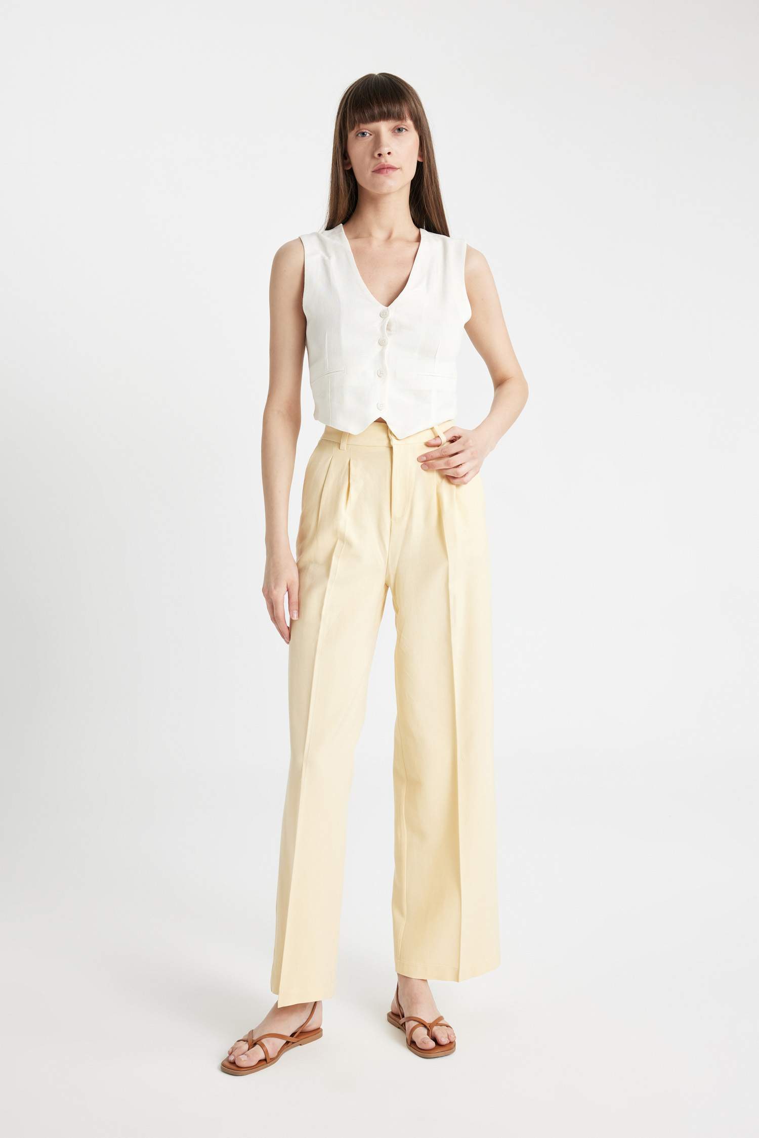 Keten Karışımlı Pantolon Wide Leg Cepli Geniş Bol Paça Pileli Yüksek Bel Basic Düz Standart Boy