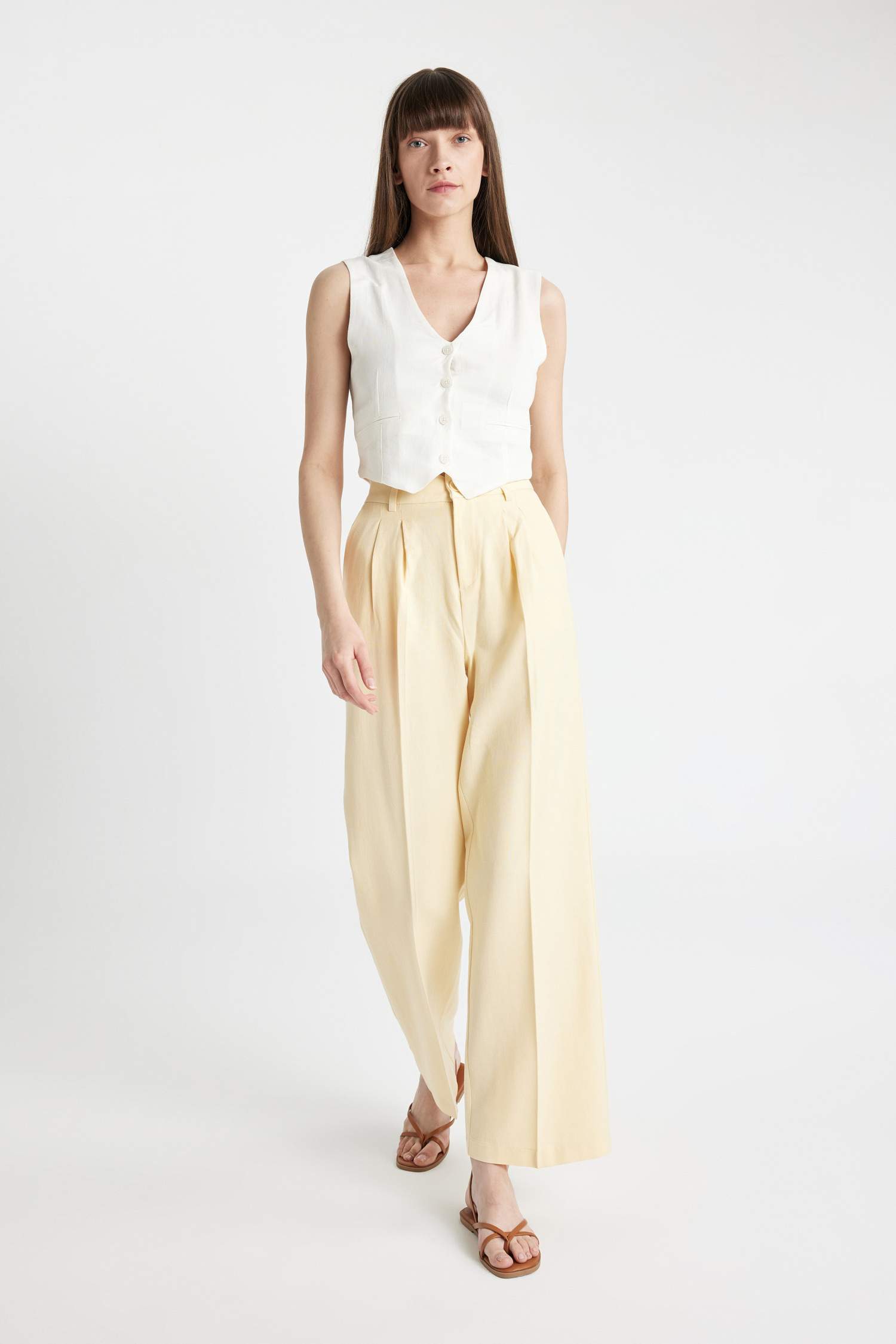 Keten Karışımlı Pantolon Wide Leg Cepli Geniş Bol Paça Pileli Yüksek Bel Basic Düz Standart Boy