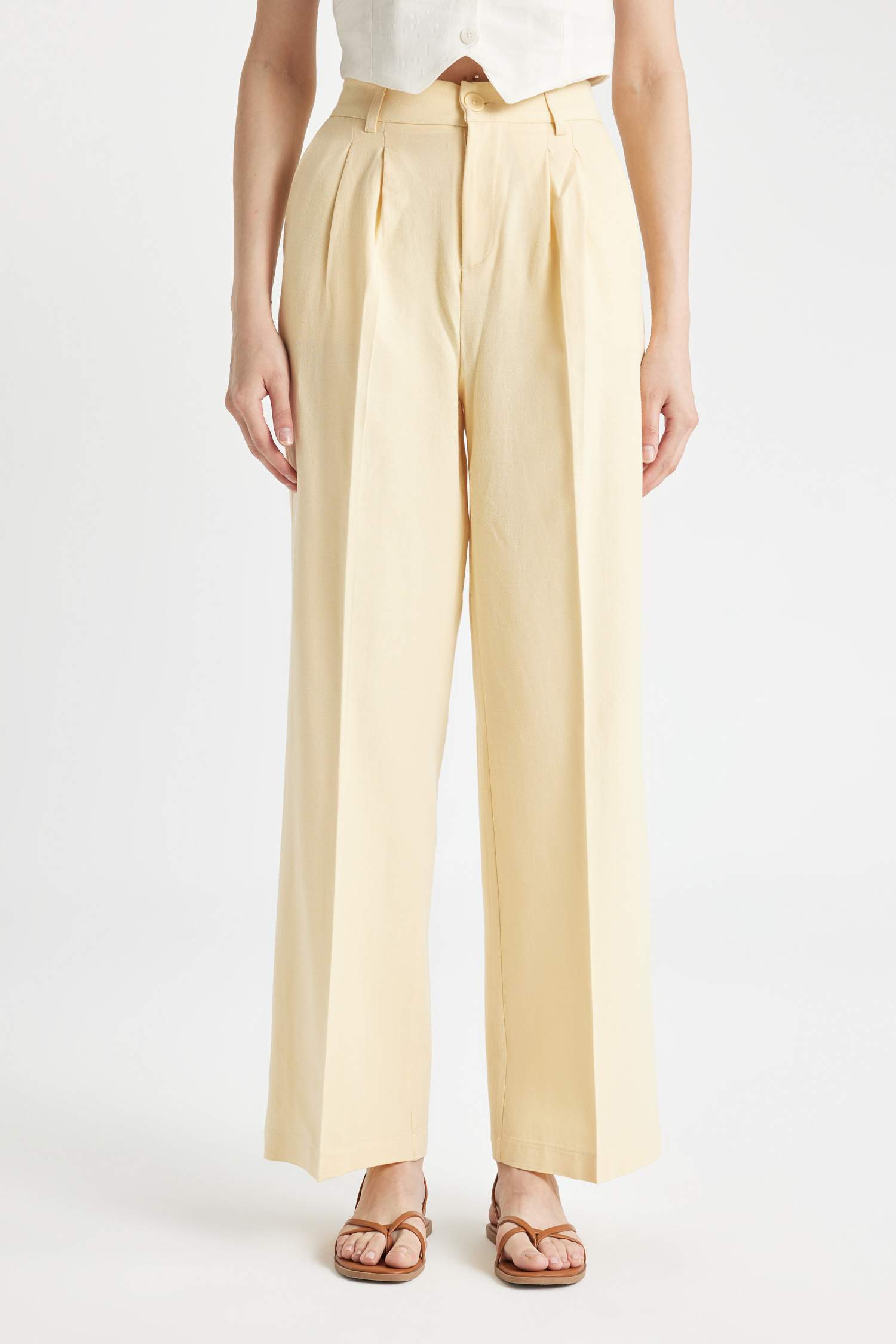 Keten Karışımlı Pantolon Wide Leg Cepli Geniş Bol Paça Pileli Yüksek Bel Basic Düz Standart Boy