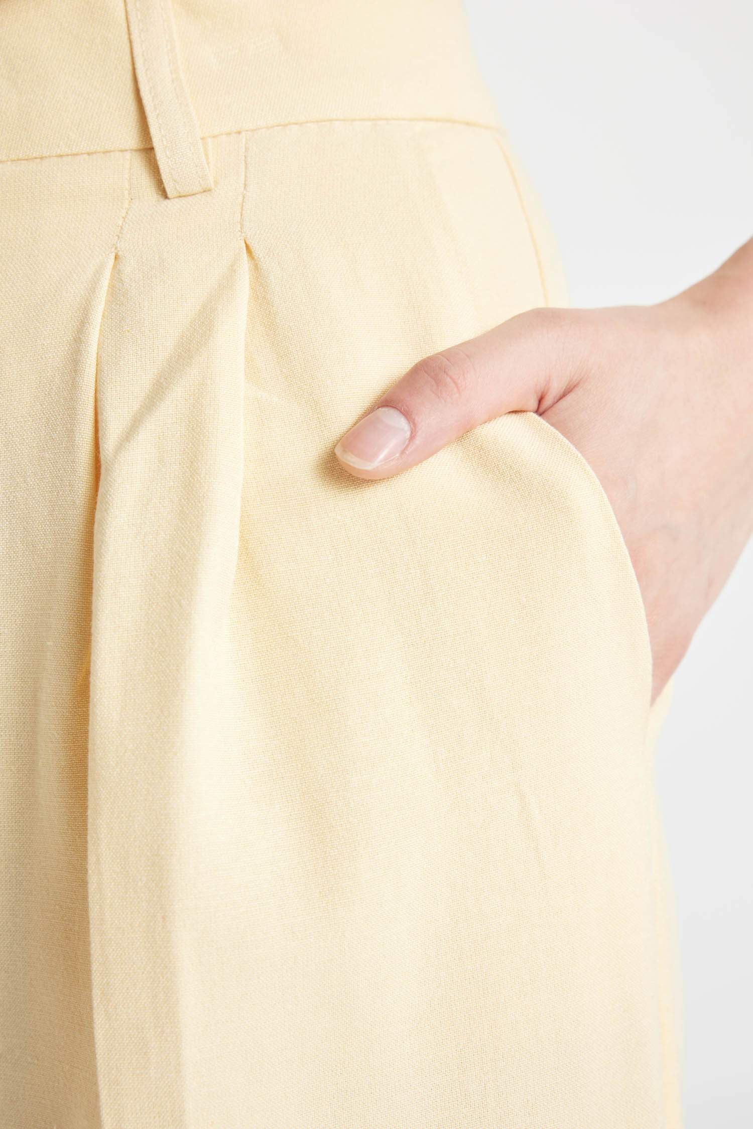 Keten Karışımlı Pantolon Wide Leg Cepli Geniş Bol Paça Pileli Yüksek Bel Basic Düz Standart Boy