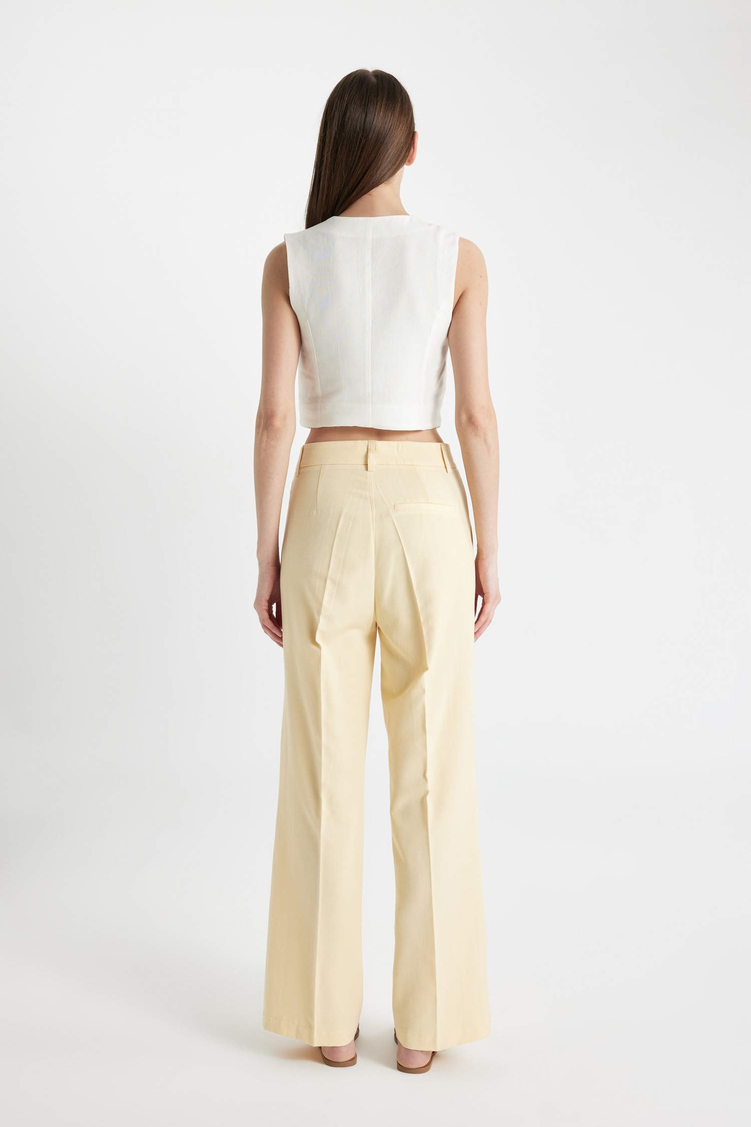 Keten Karışımlı Pantolon Wide Leg Cepli Geniş Bol Paça Pileli Yüksek Bel Basic Düz Standart Boy