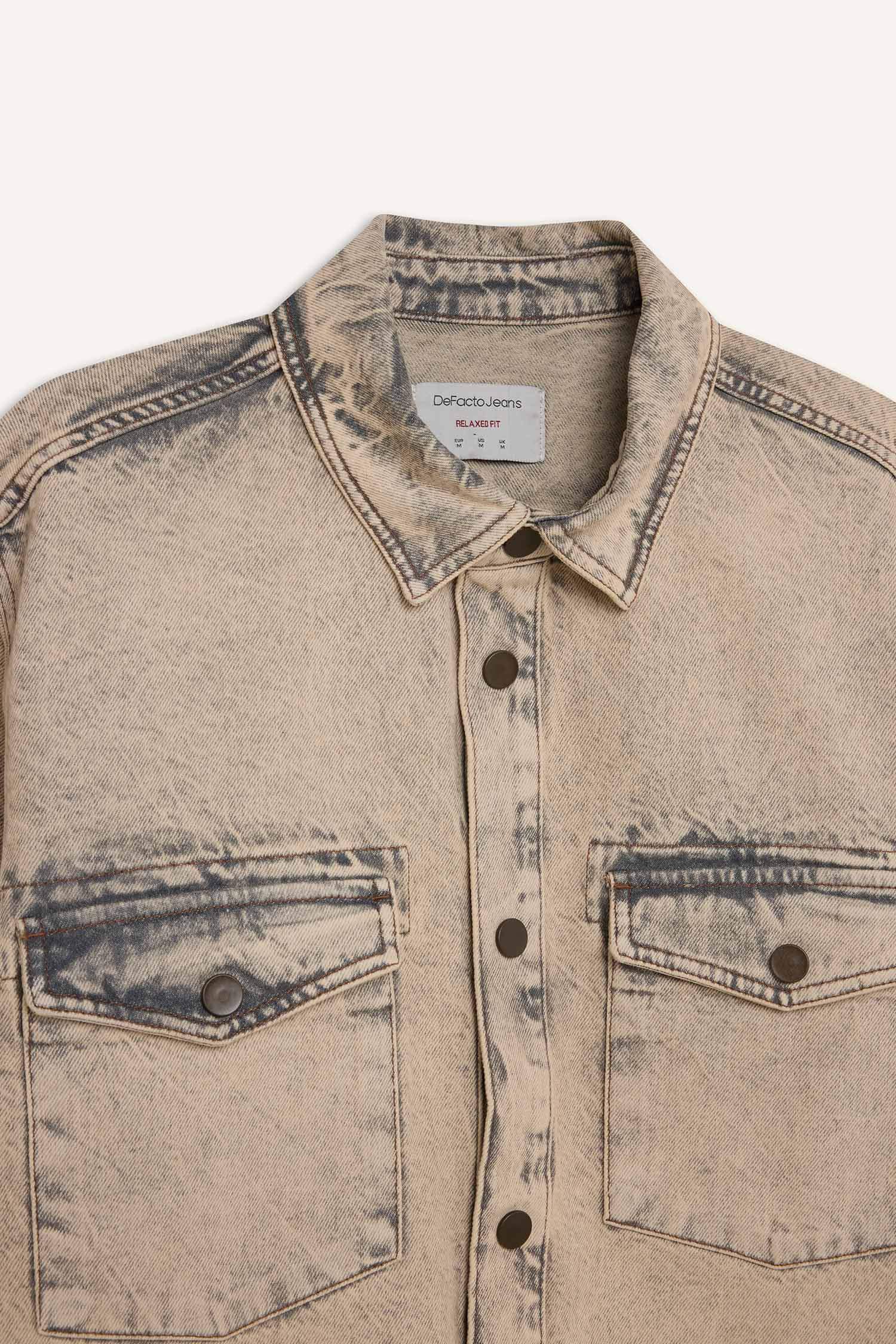 %100 Pamuk Relax Fit Cepli Uzun Kollu Jean Gömlek