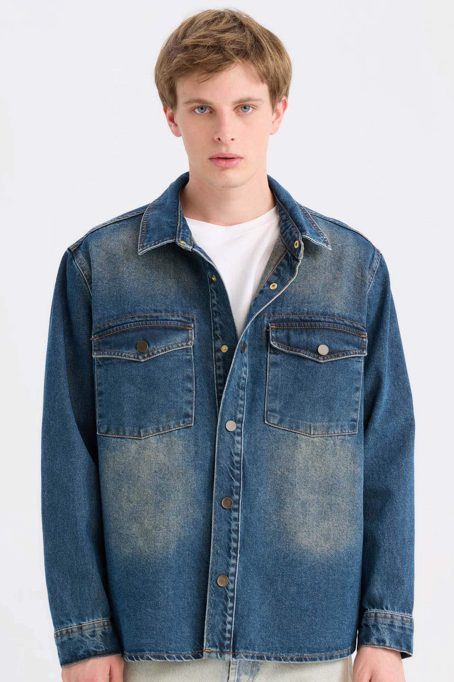 %100 Pamuk Relax Fit Uzun Kollu Cepli Jean Gömlek Ceket