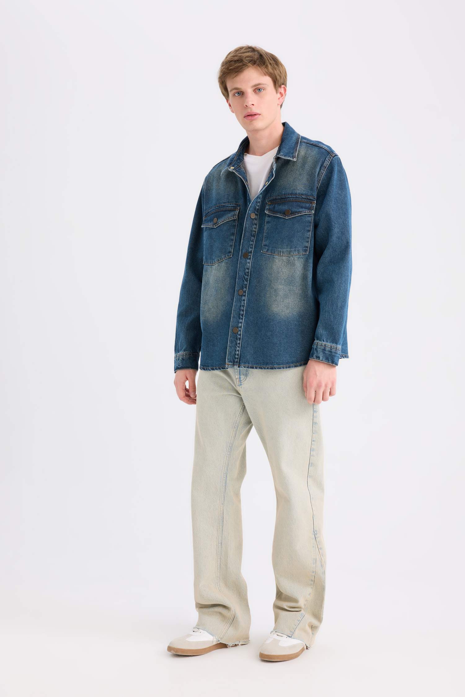 %100 Pamuk Relax Fit Uzun Kollu Cepli Jean Gömlek Ceket
