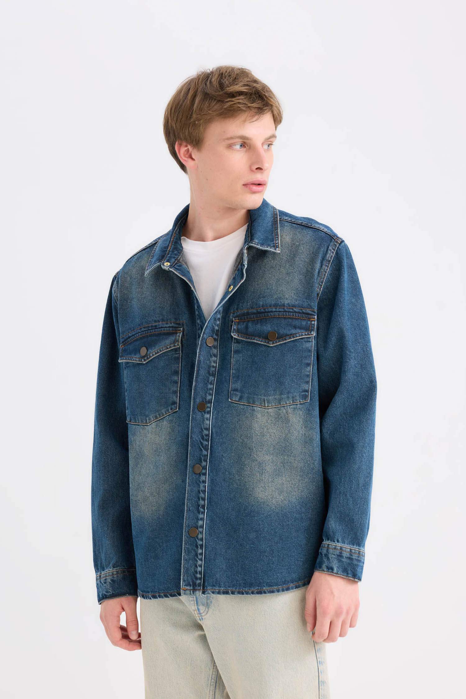 %100 Pamuk Relax Fit Uzun Kollu Cepli Jean Gömlek Ceket