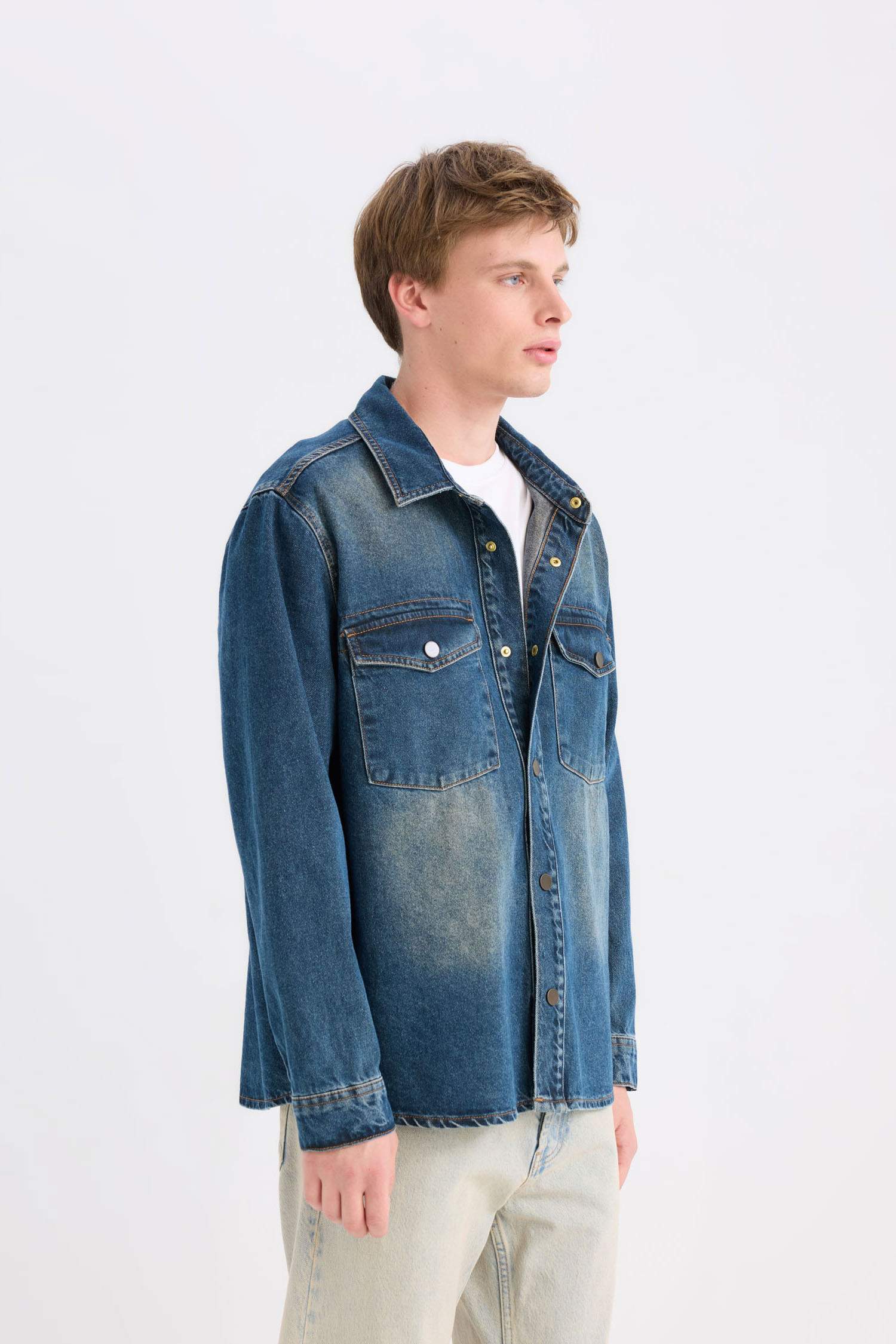 %100 Pamuk Relax Fit Uzun Kollu Cepli Jean Gömlek Ceket