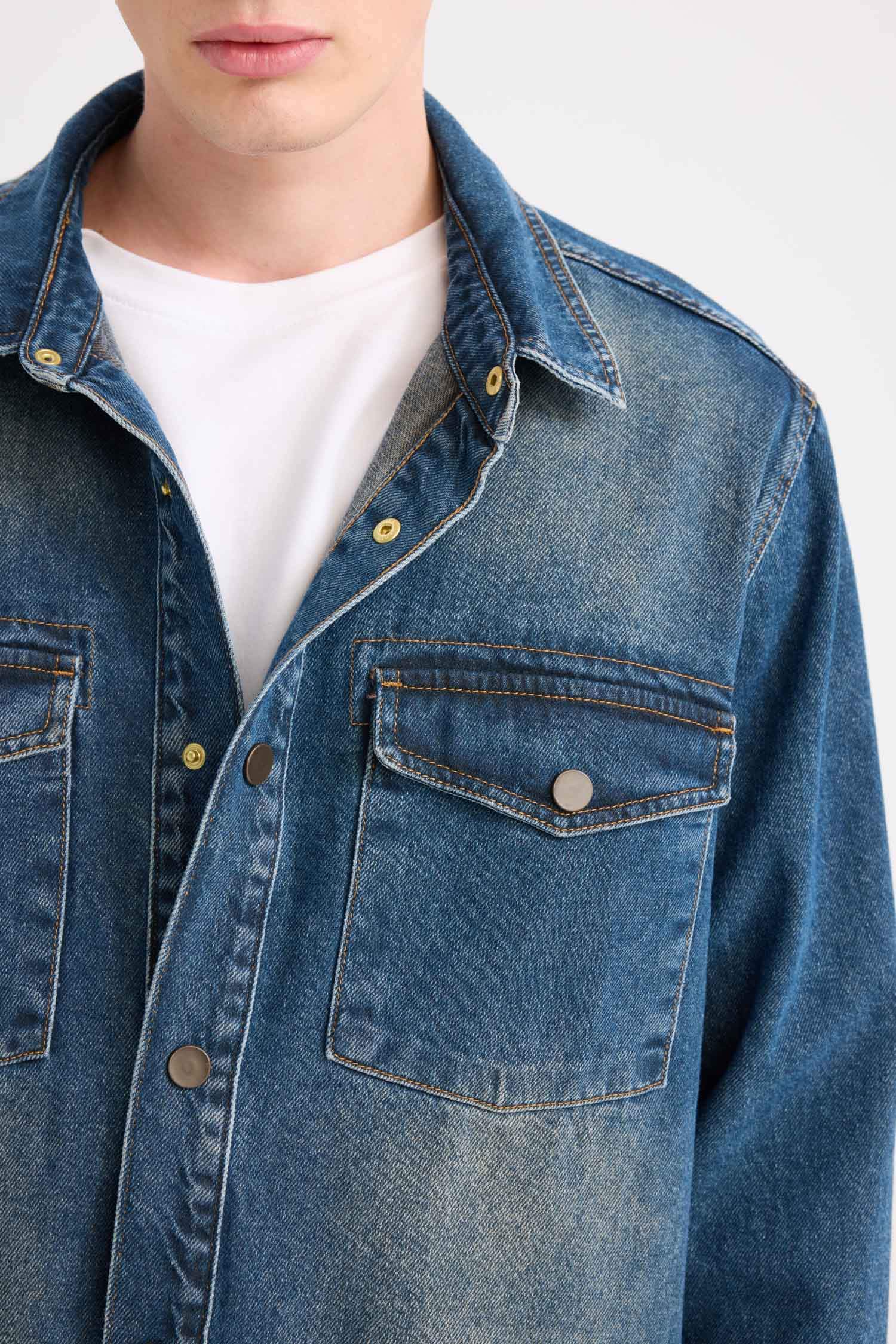 %100 Pamuk Relax Fit Uzun Kollu Cepli Jean Gömlek Ceket