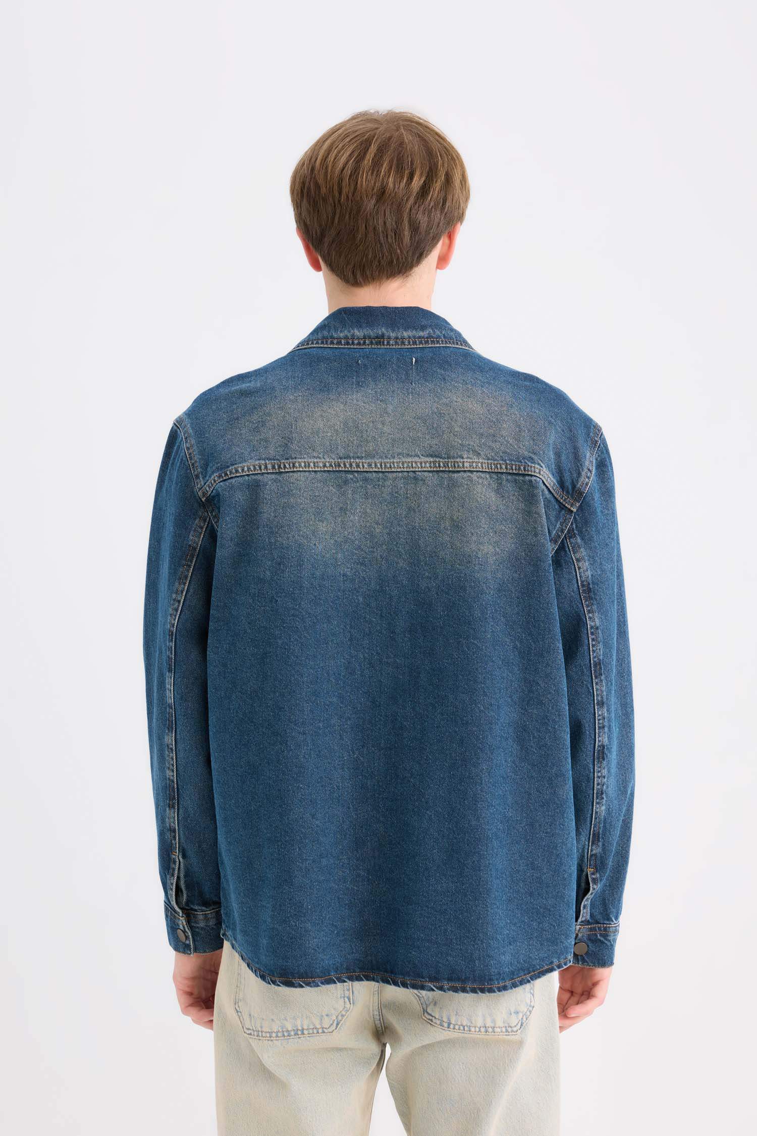 %100 Pamuk Relax Fit Uzun Kollu Cepli Jean Gömlek Ceket