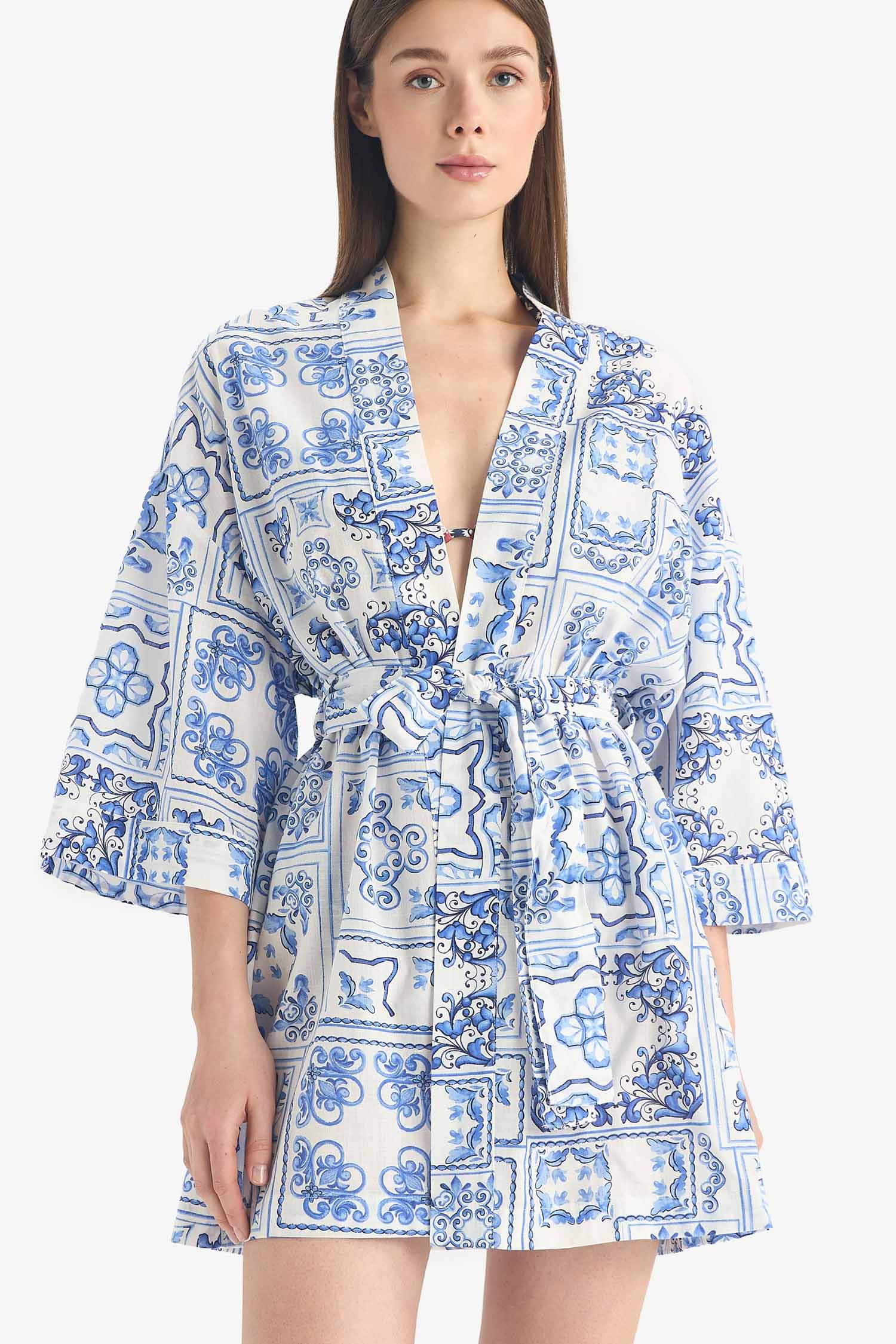 Regular Fit Desenli Kuşaklı Pamuklu Kimono-Fall in Love