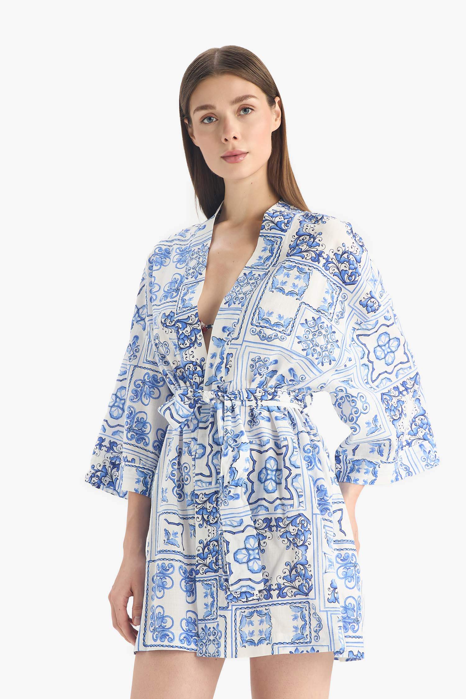 Regular Fit Desenli Kuşaklı Pamuklu Kimono-Fall in Love