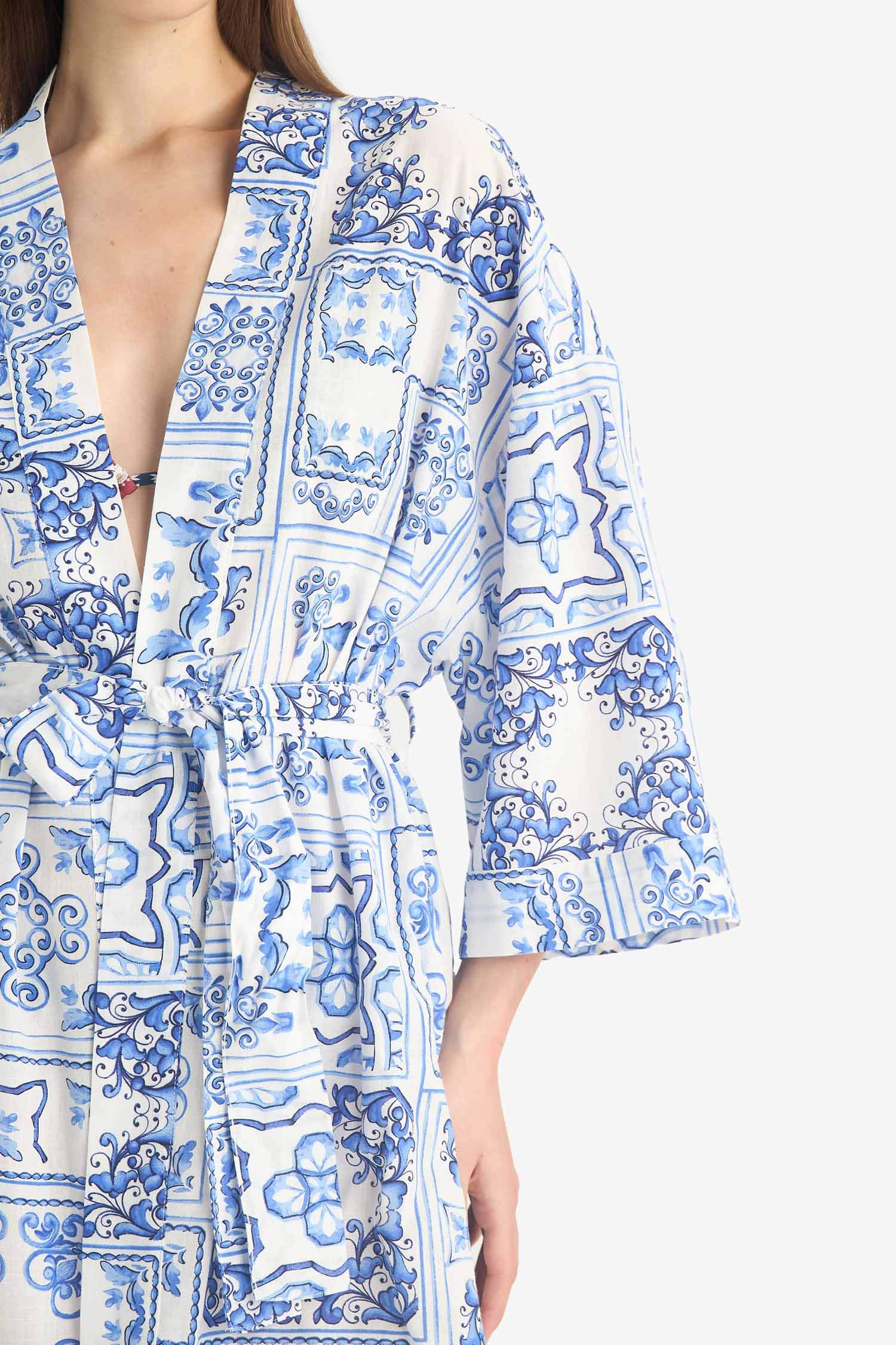 Regular Fit Desenli Kuşaklı Pamuklu Kimono-Fall in Love