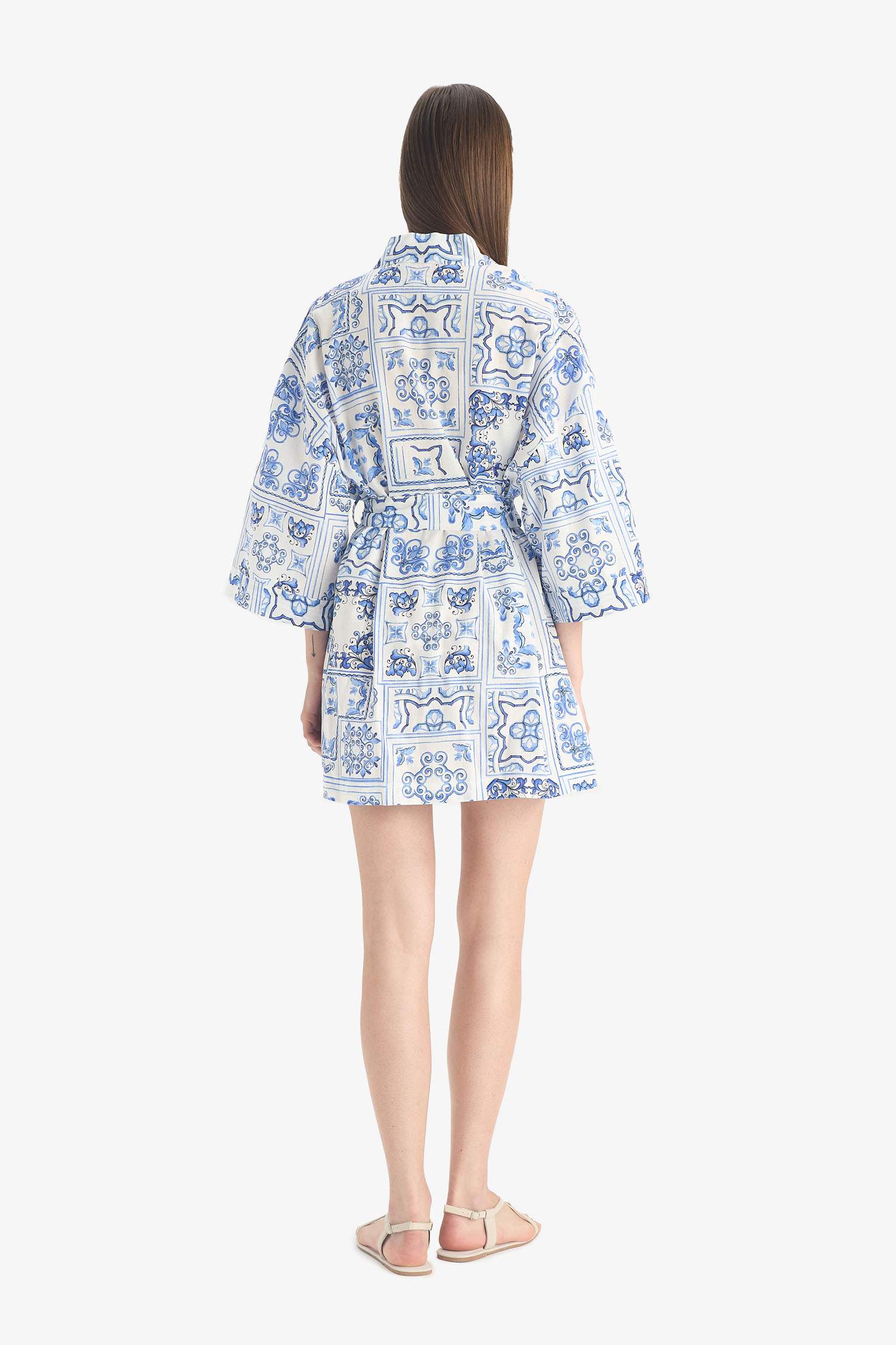 Regular Fit Desenli Kuşaklı Pamuklu Kimono-Fall in Love