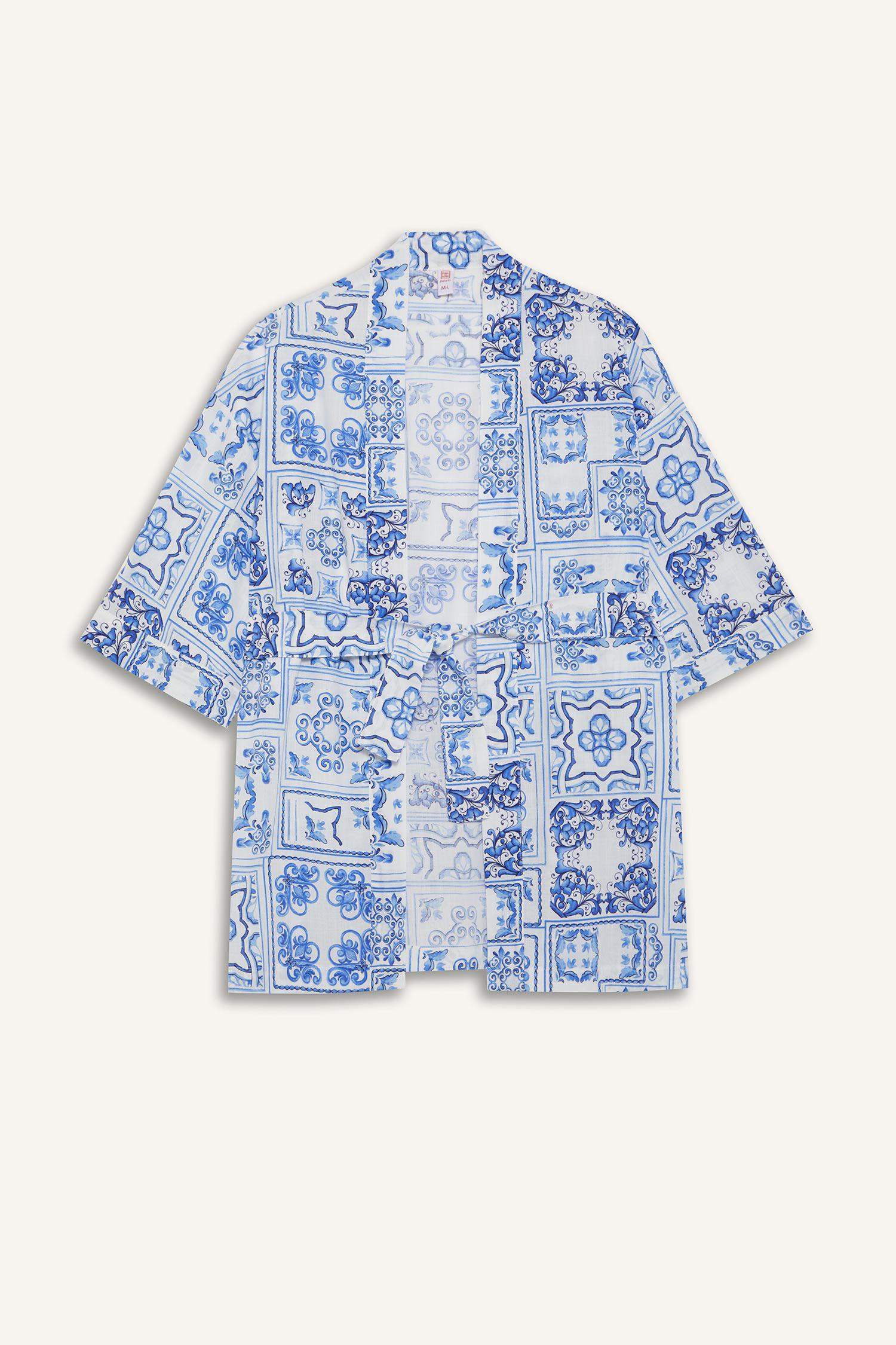 Regular Fit Desenli Kuşaklı Pamuklu Kimono-Fall in Love