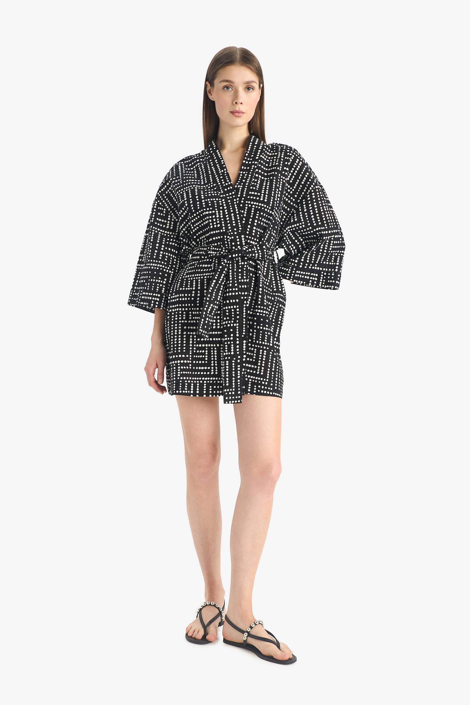 Regular Fit Desenli Kuşaklı Pamuklu Kimono-Fall in Love