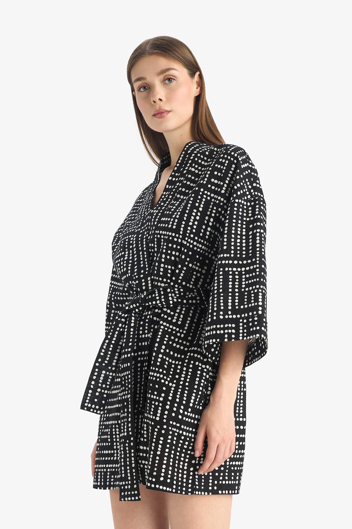 Regular Fit Desenli Kuşaklı Pamuklu Kimono-Fall in Love