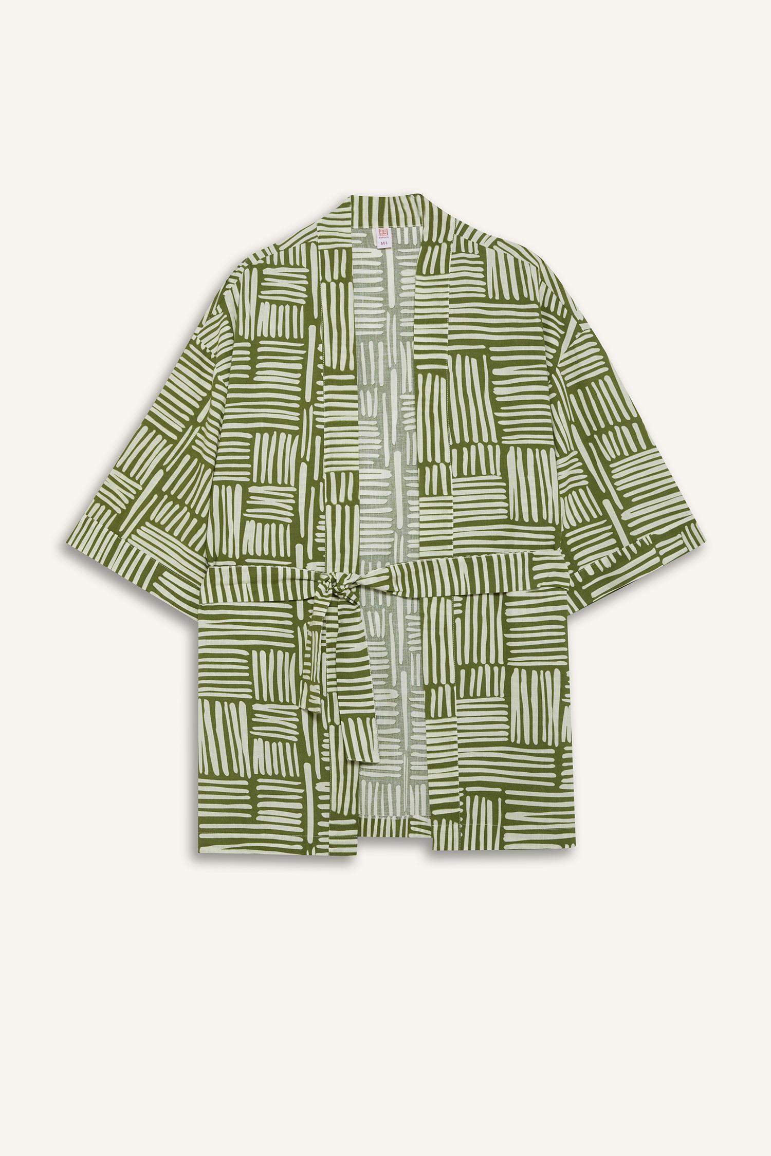 Regular Fit Desenli Kuşaklı Pamuklu Kimono-Fall in Love