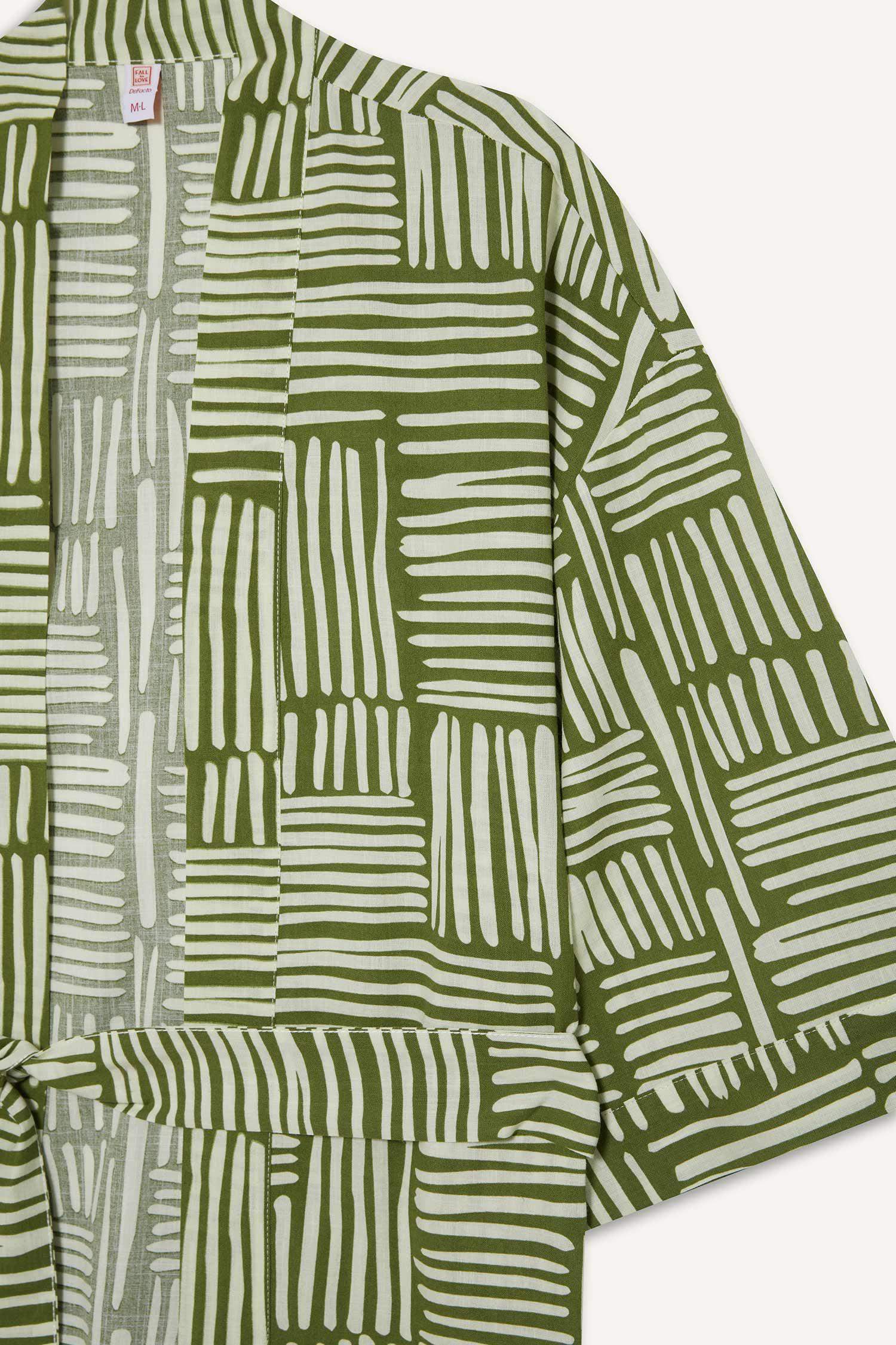 Regular Fit Desenli Kuşaklı Pamuklu Kimono-Fall in Love