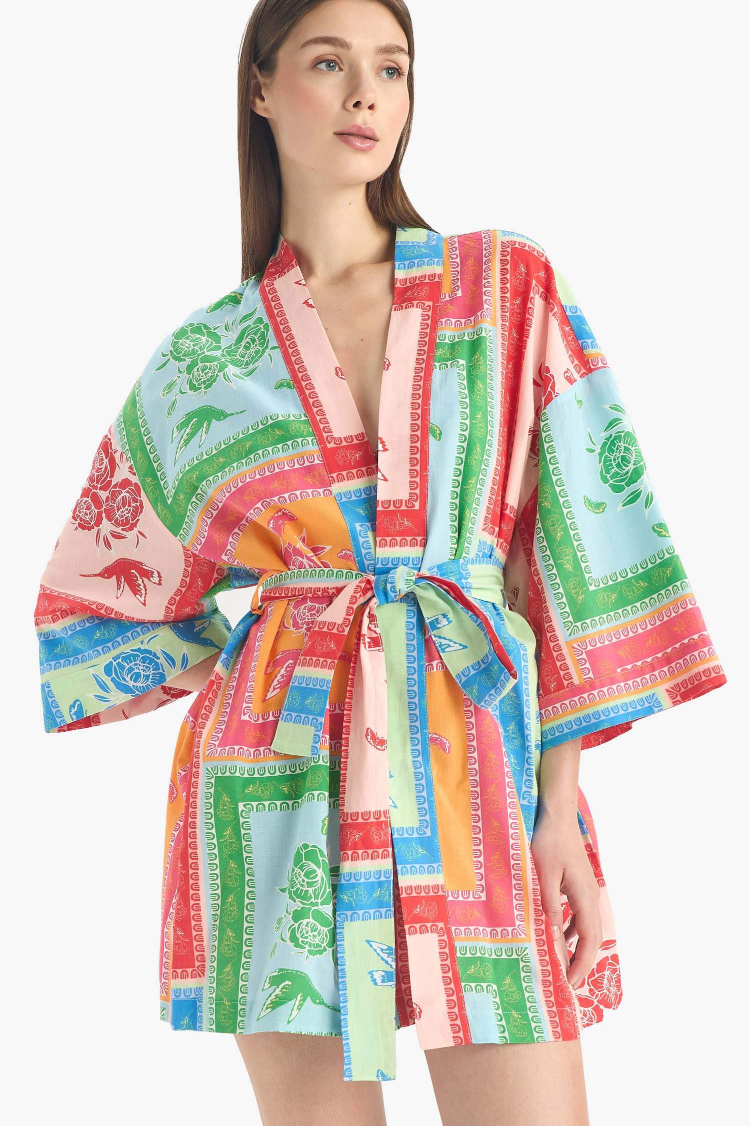 Regular Fit Desenli Kuşaklı Pamuklu Kimono