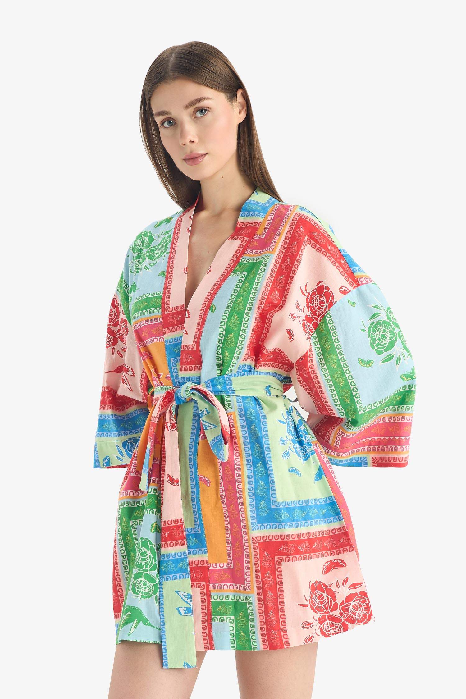 Regular Fit Desenli Kuşaklı Pamuklu Kimono