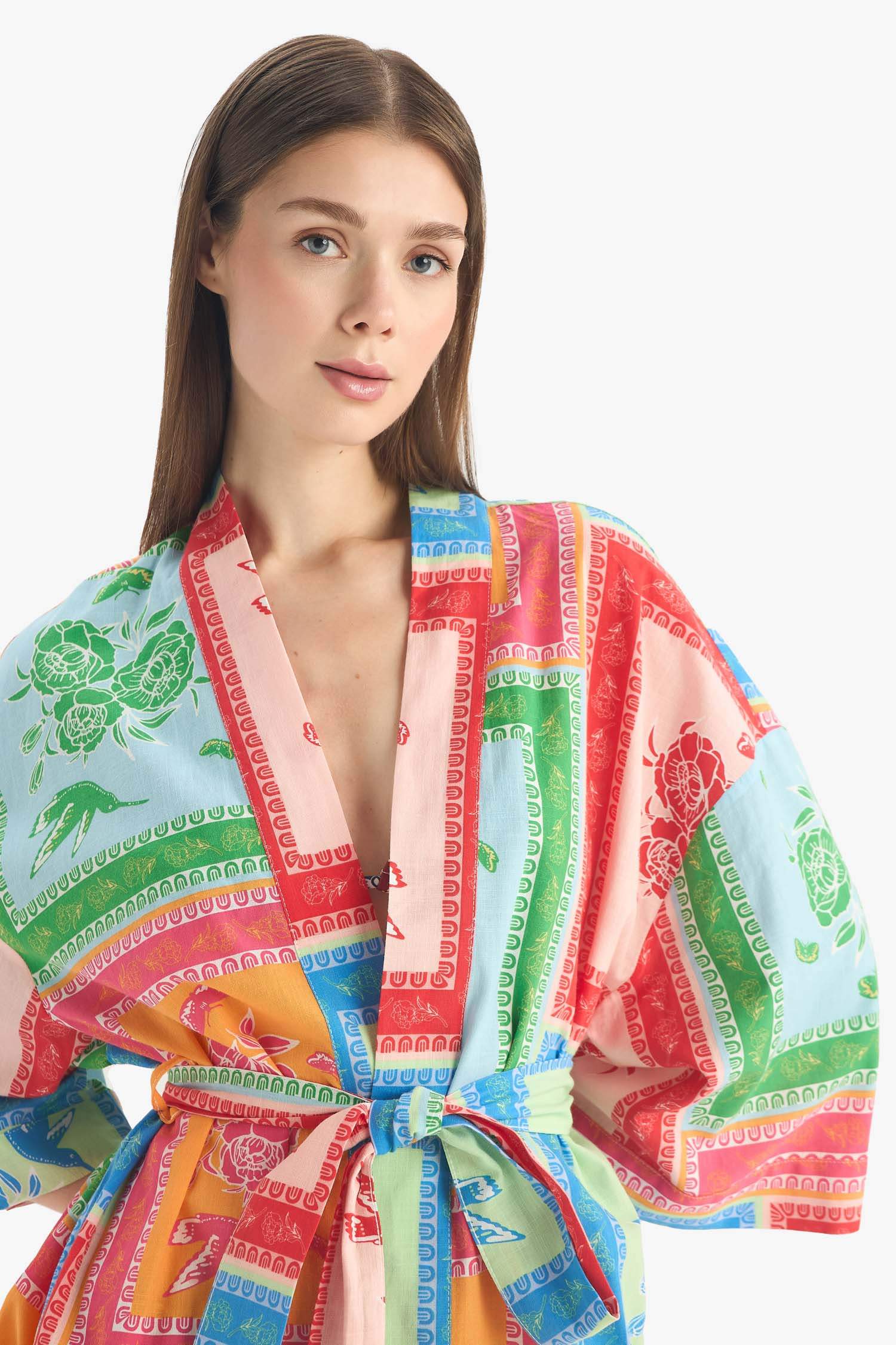 Regular Fit Desenli Kuşaklı Pamuklu Kimono