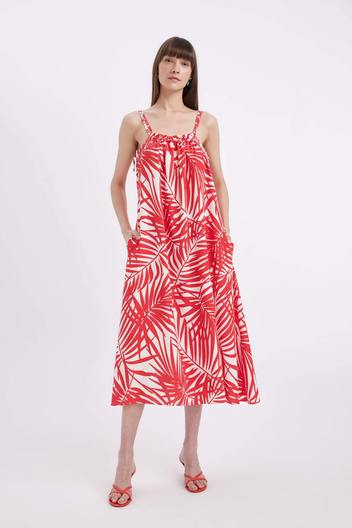 فستان ميدي مطبوع ممزوج بالكتان وياخة قميص