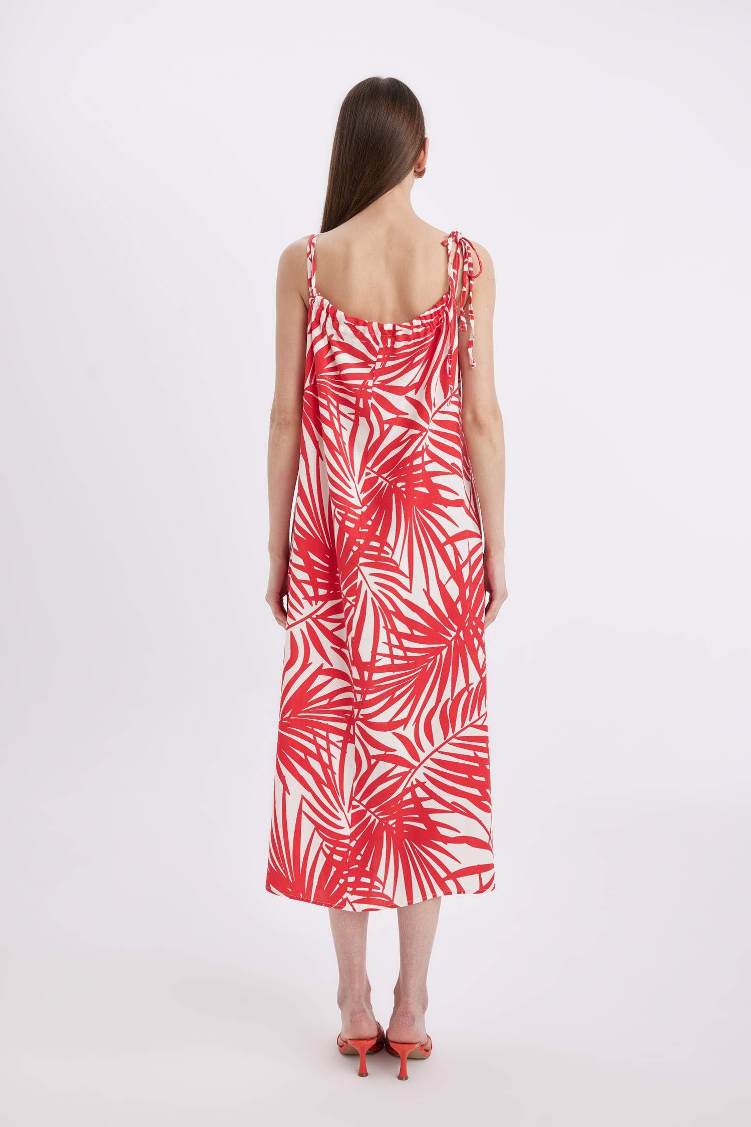 فستان ميدي مطبوع ممزوج بالكتان وياخة قميص