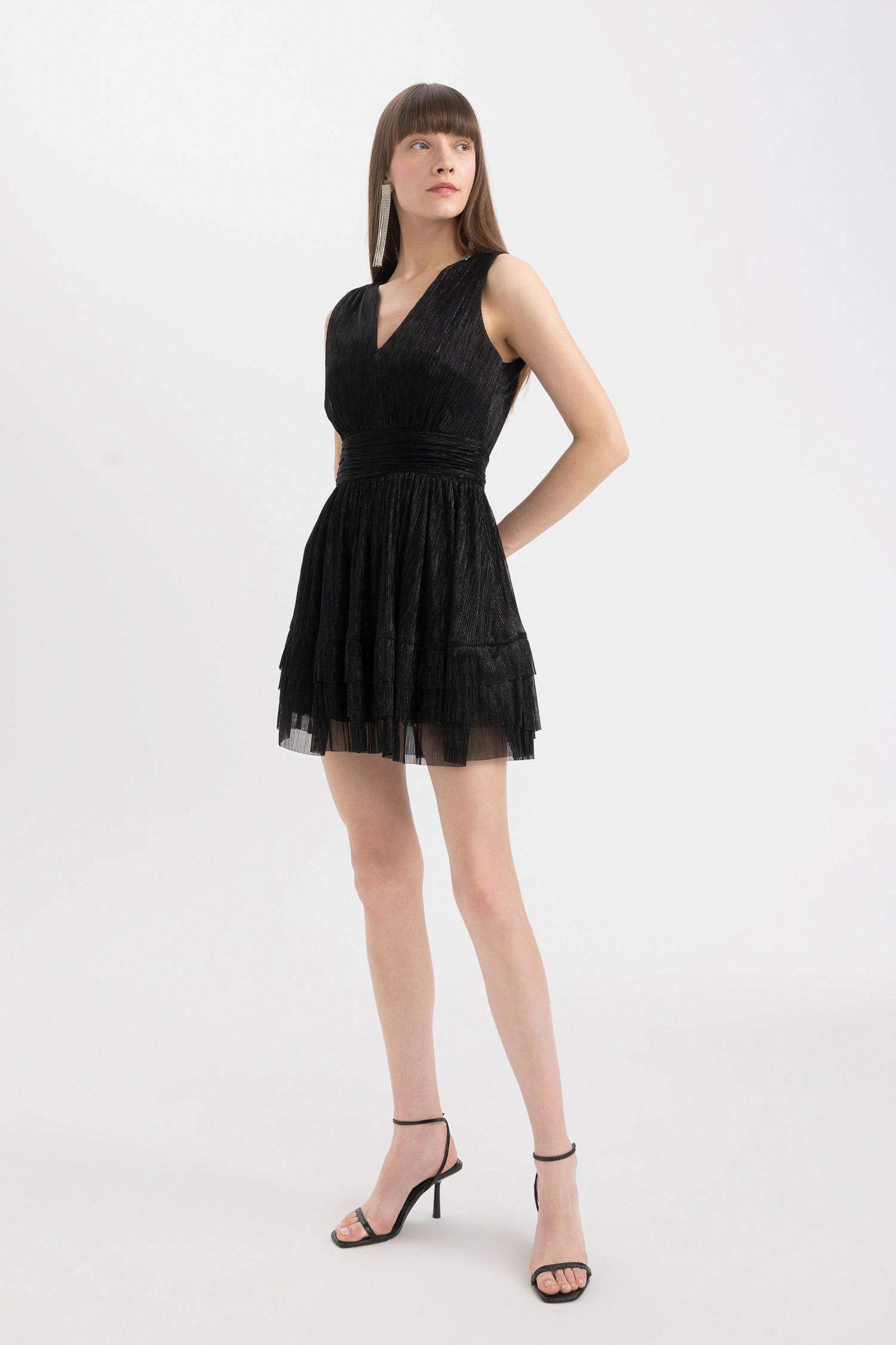 V-Neck Glitter Fabric Sleeveless Mini Dress