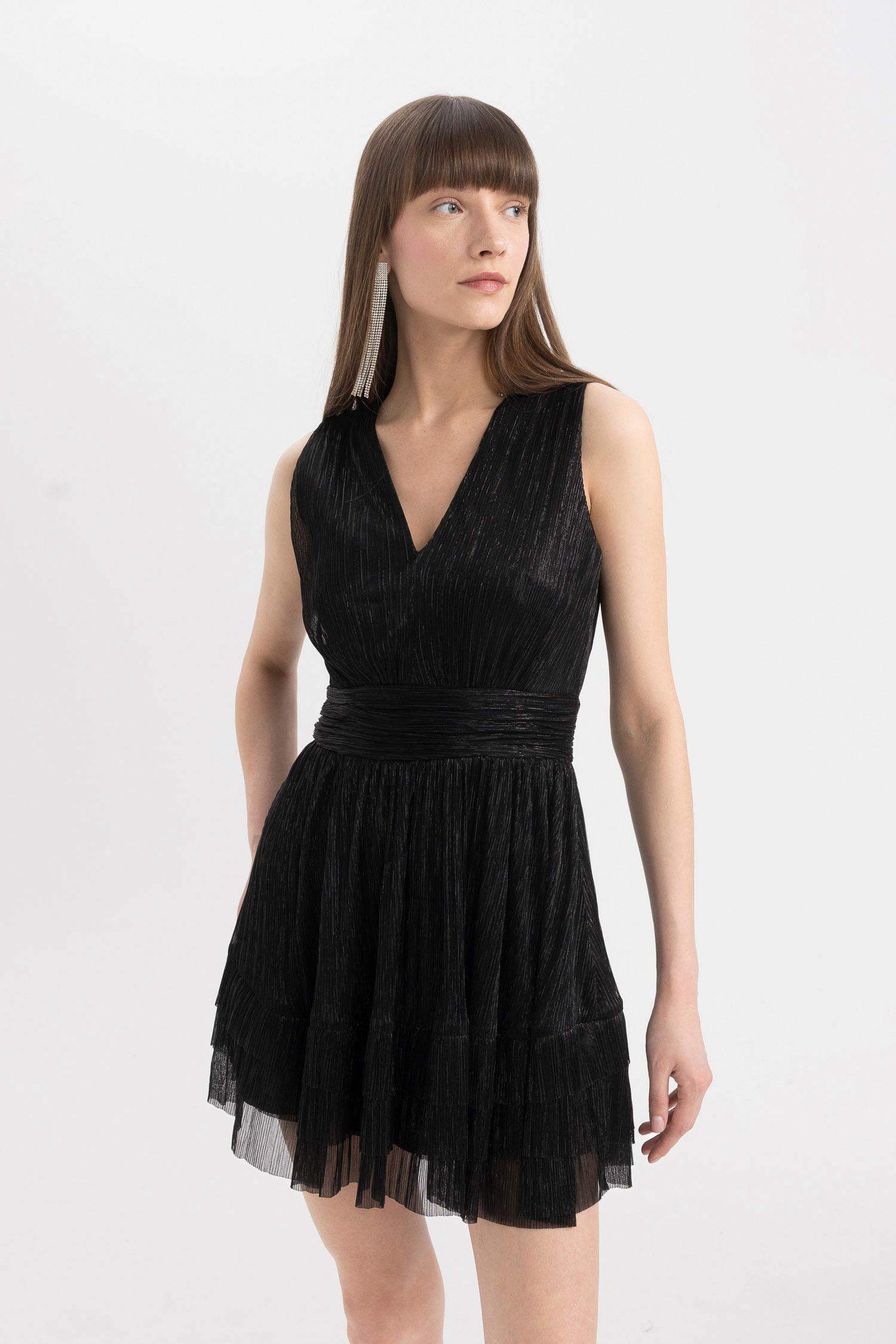 V-Neck Glitter Fabric Sleeveless Mini Dress