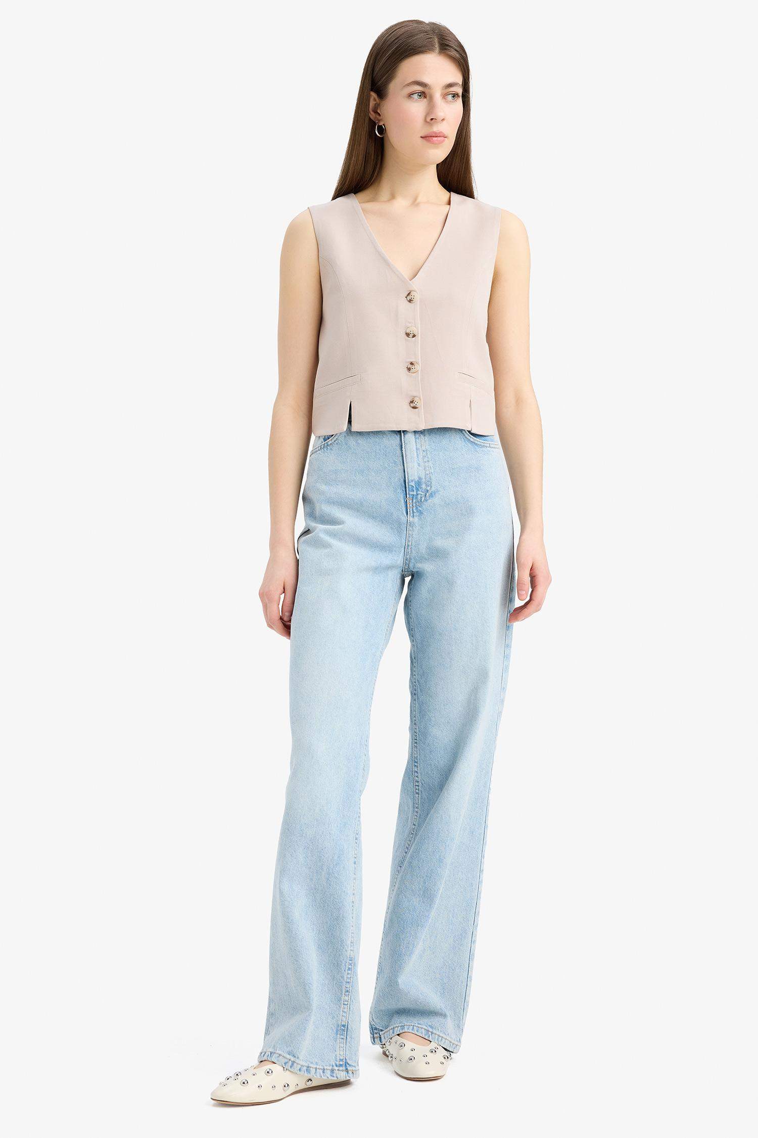 V Yaka Keten Karışımlı Beyaz Blazer Yelek