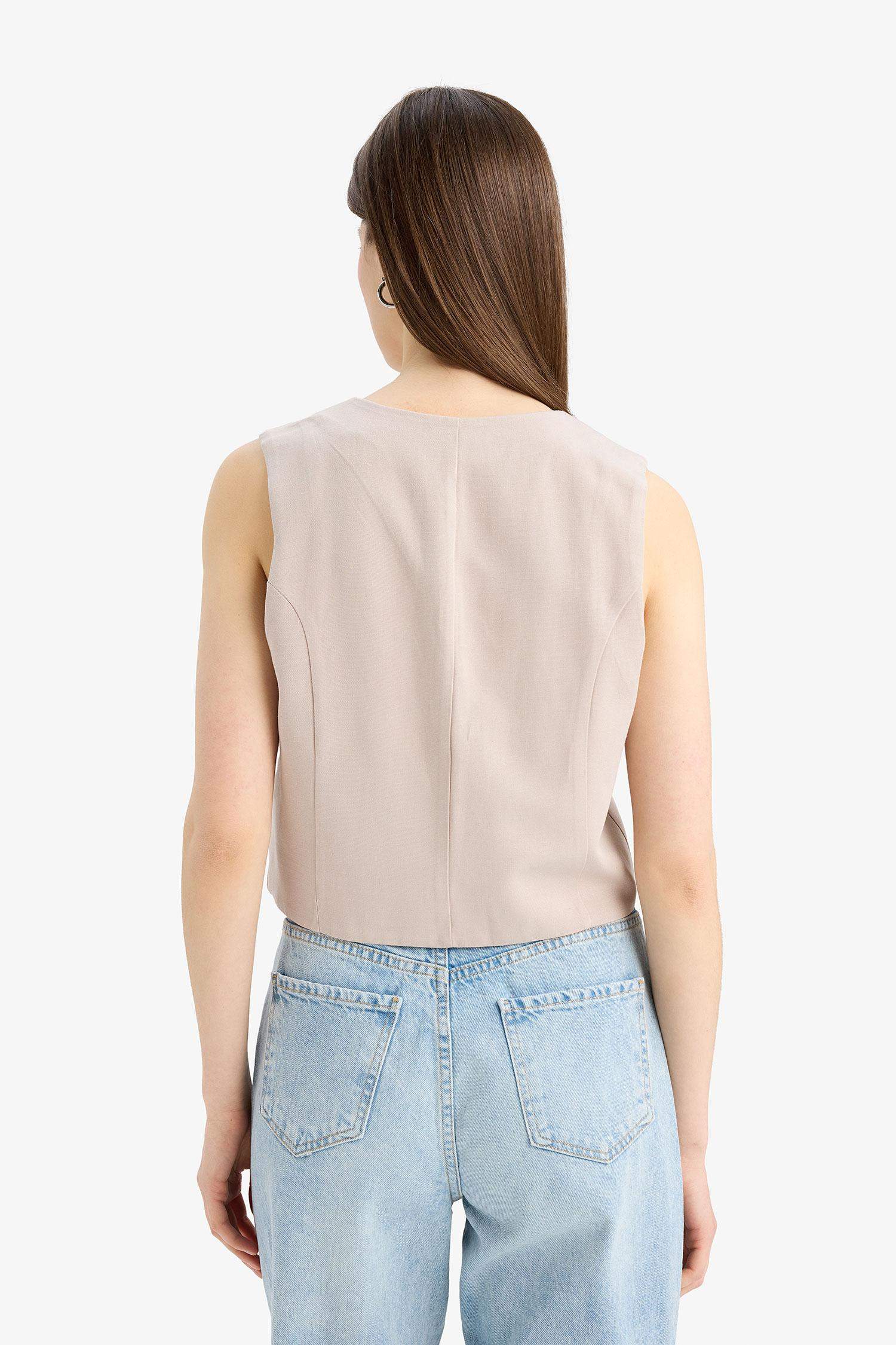 V Yaka Keten Karışımlı Beyaz Blazer Yelek