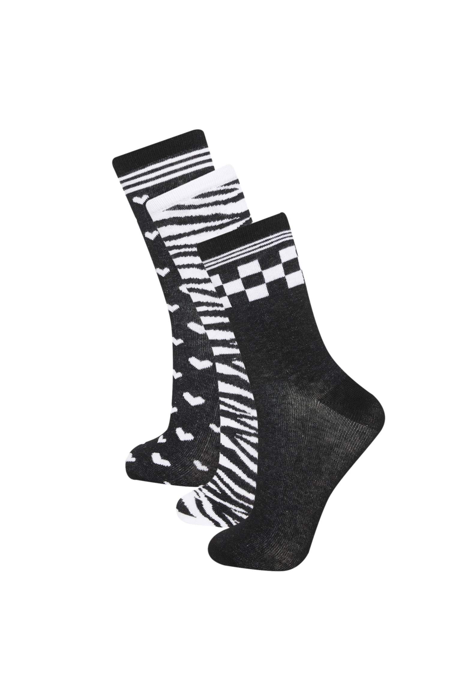 Kadın Kalp Desenli 3'lü Pamuklu Uzun Çorap