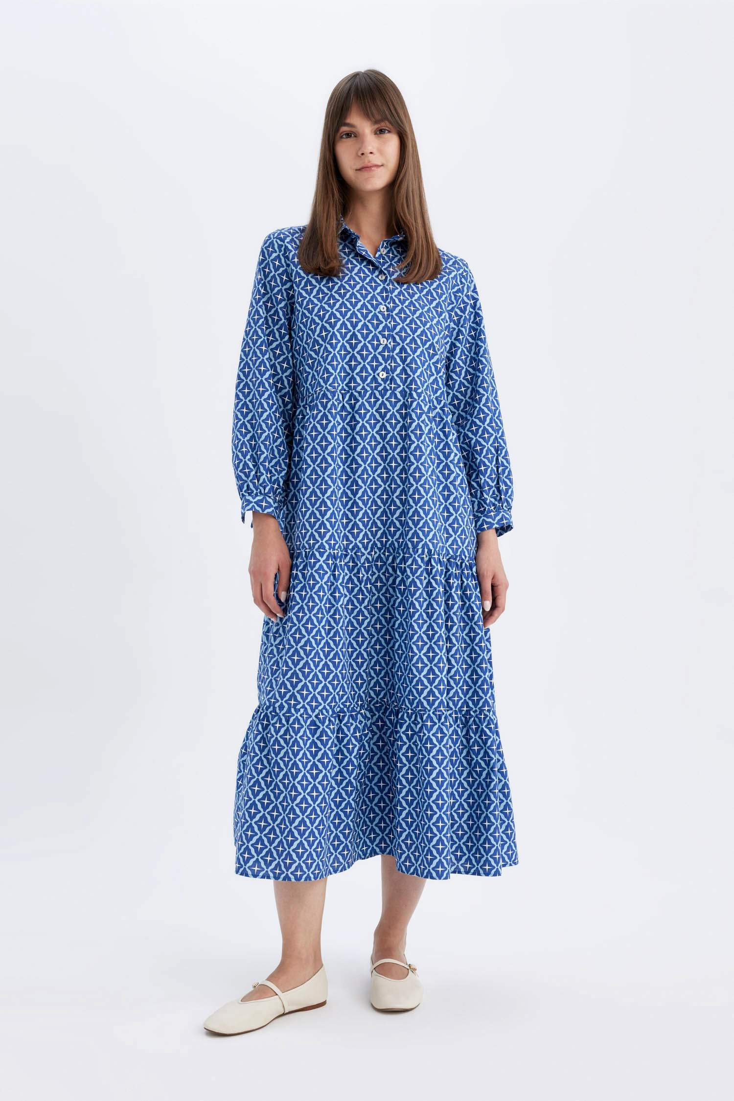 Relax Fit Gömlek Yaka Desenli Poplin Uzun Kollu Maxi Elbise