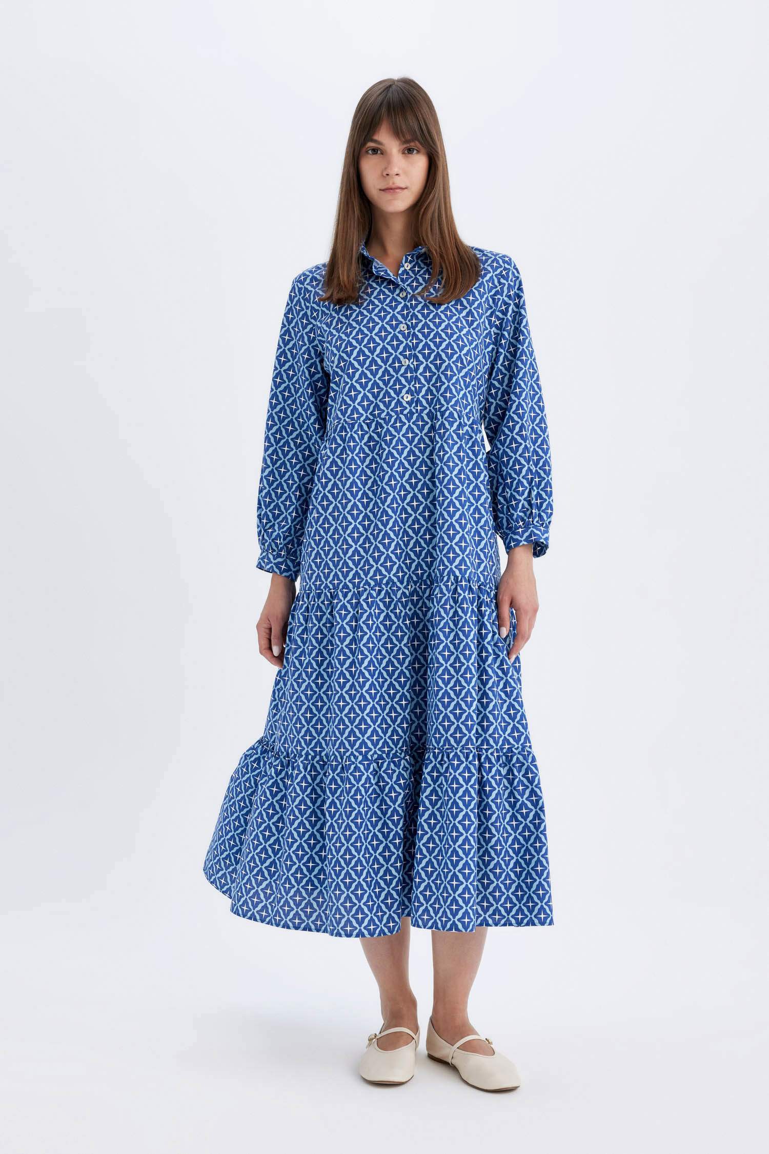 Relax Fit Gömlek Yaka Desenli Poplin Uzun Kollu Maxi Elbise