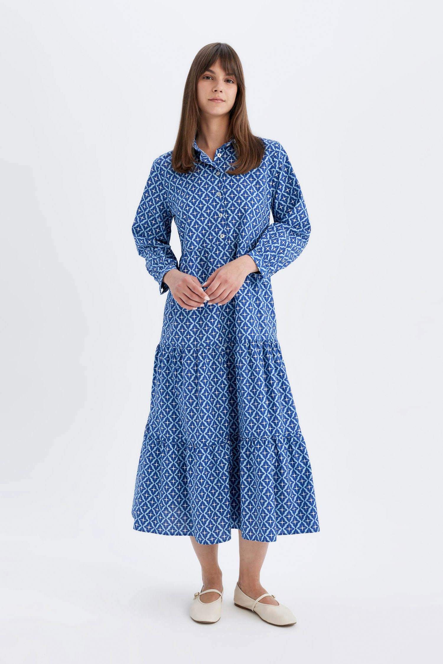 Relax Fit Gömlek Yaka Desenli Poplin Uzun Kollu Maxi Elbise